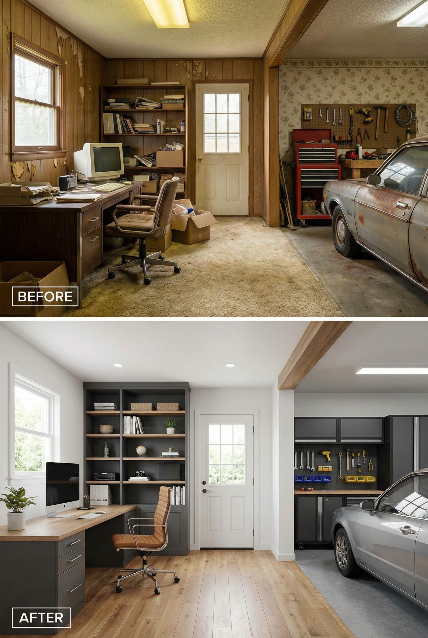 Dusty Tool Shed Garage → Sleek Home Office Studio