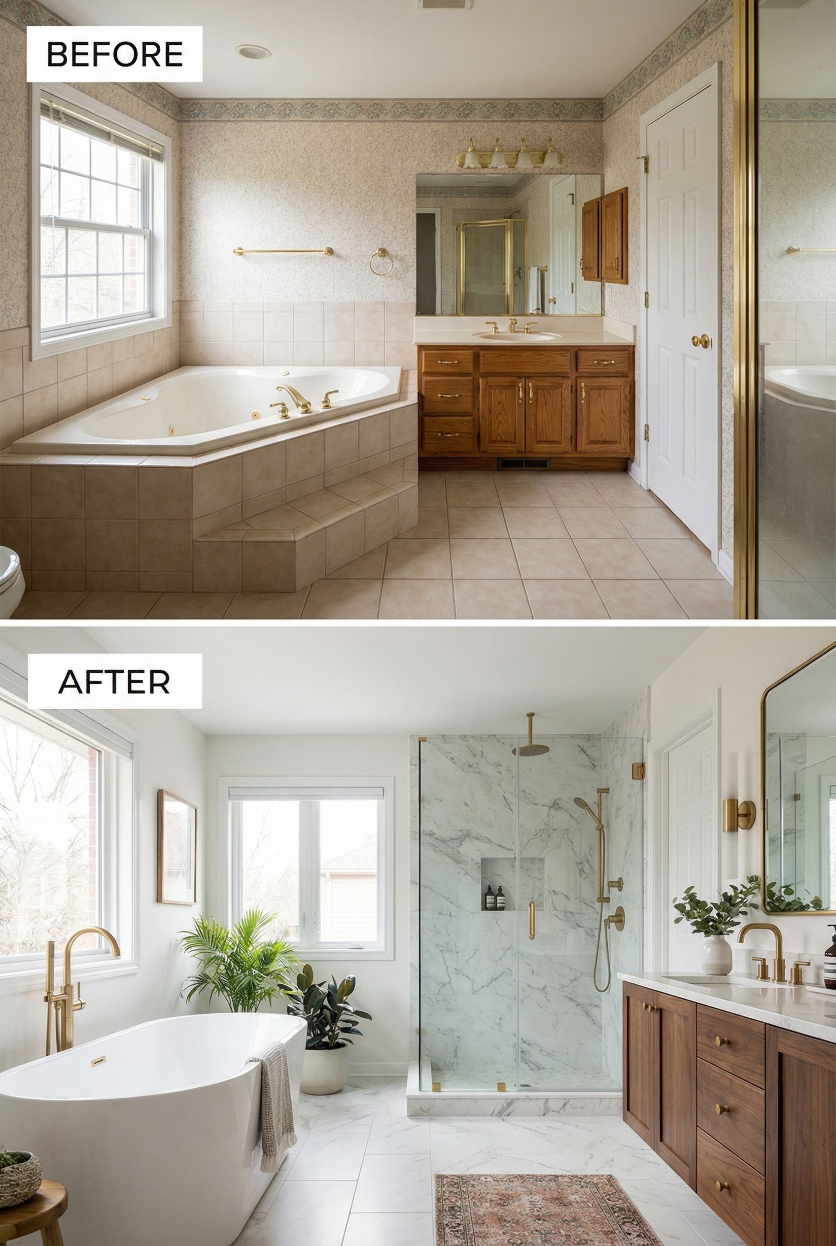 Early 2000s Beige Bathroom → Dramatic Black &amp; White Luxury