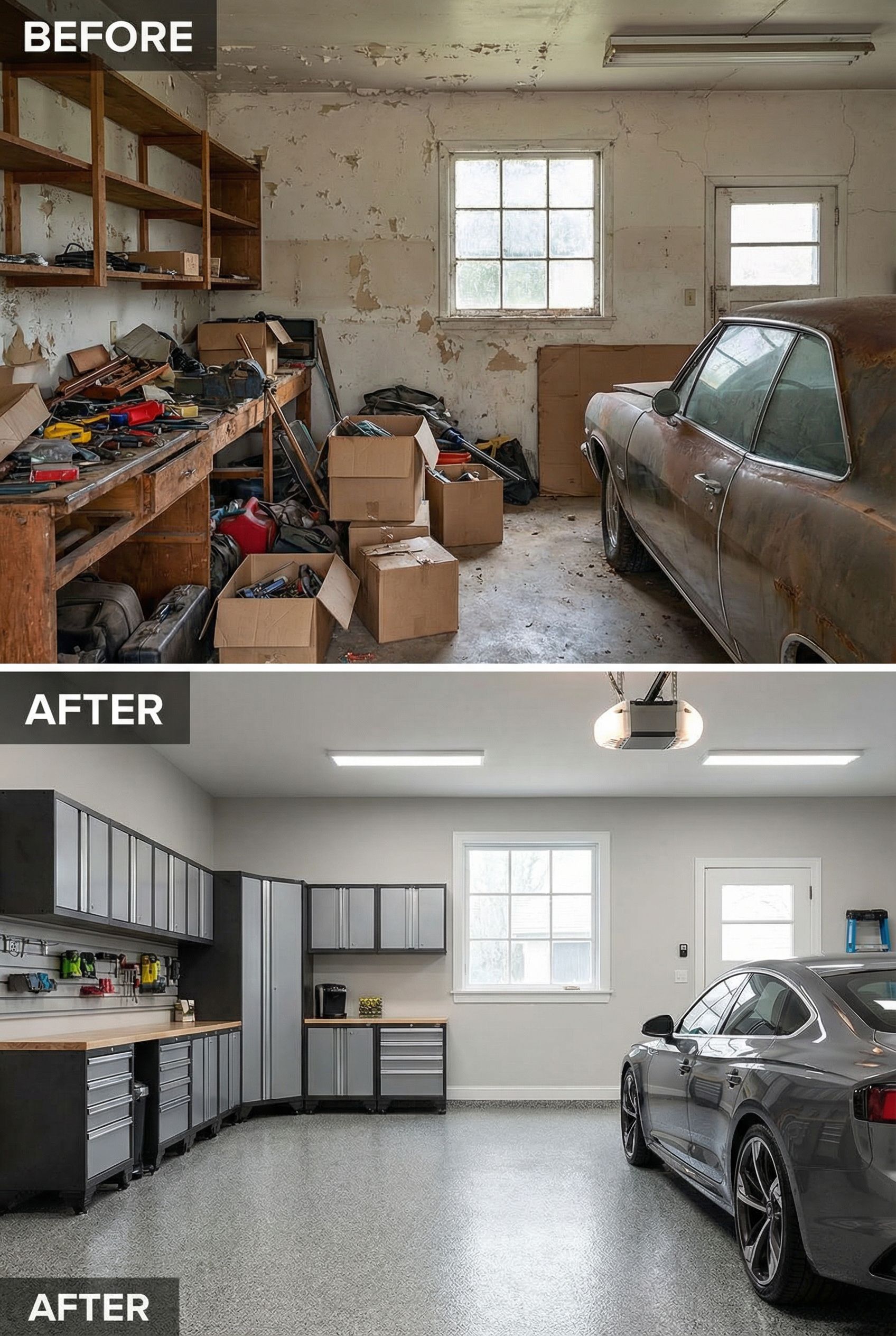 Early 2000s Beige Garage → Black & White Fitness Studio