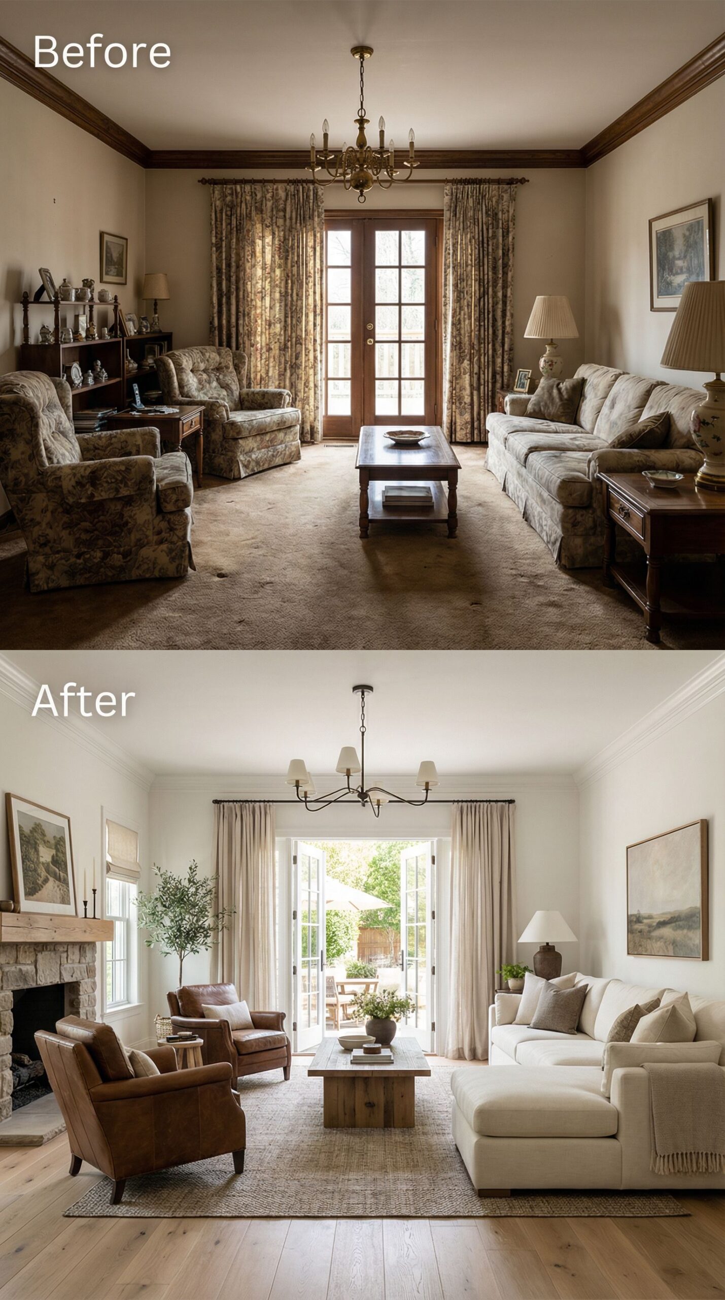 Early 2000s Brown Living Room → Creamy Quiet Luxury Space