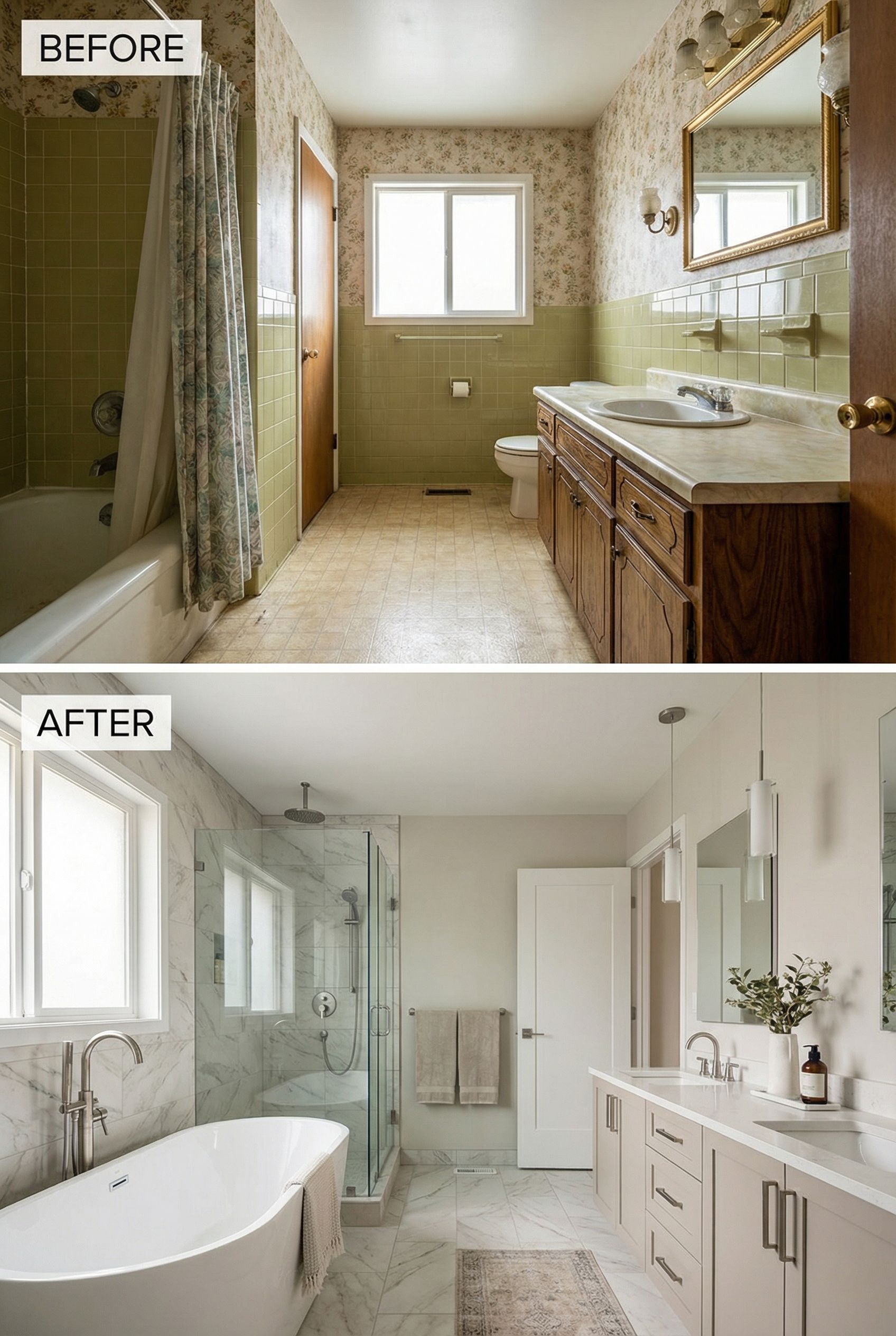 Early 2000s Brown Travertine → Crisp White &amp; Brass Escape