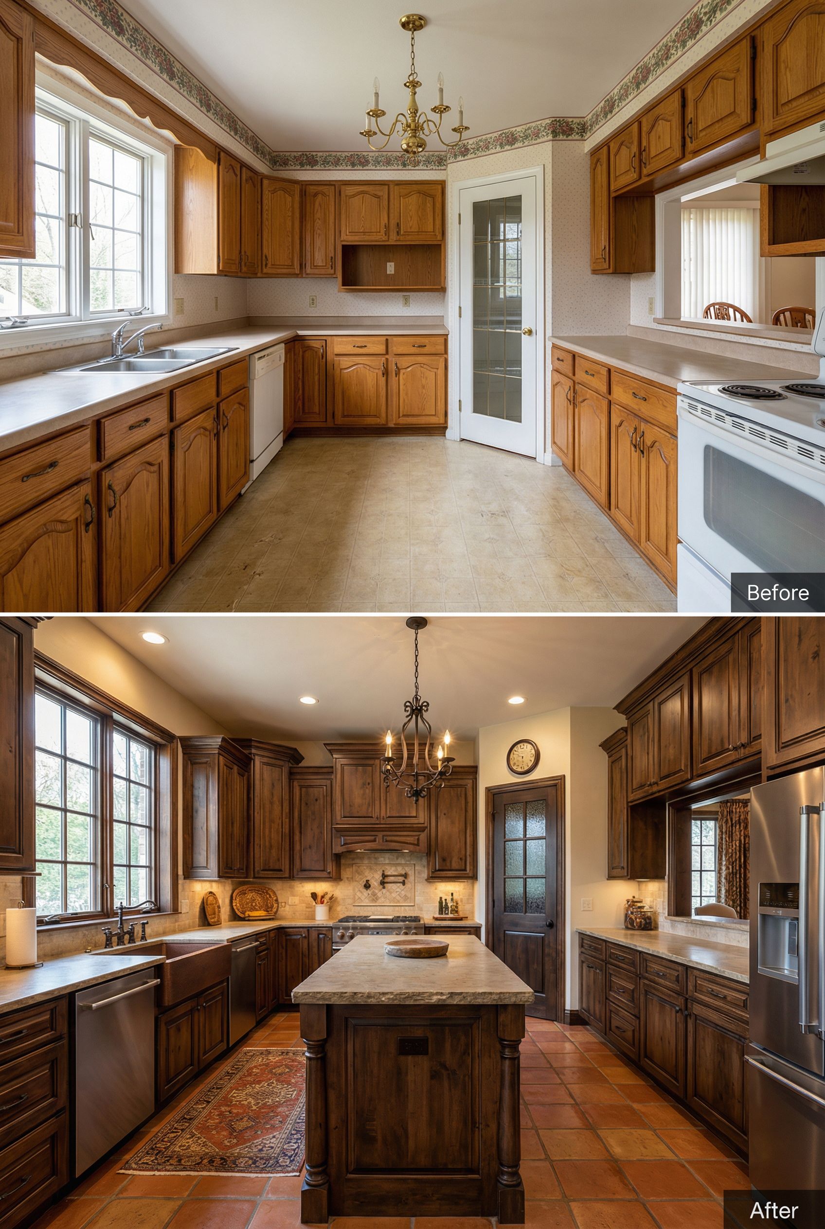 Early 2000s Granite Kitchen → Distressed Mediterranean Charm