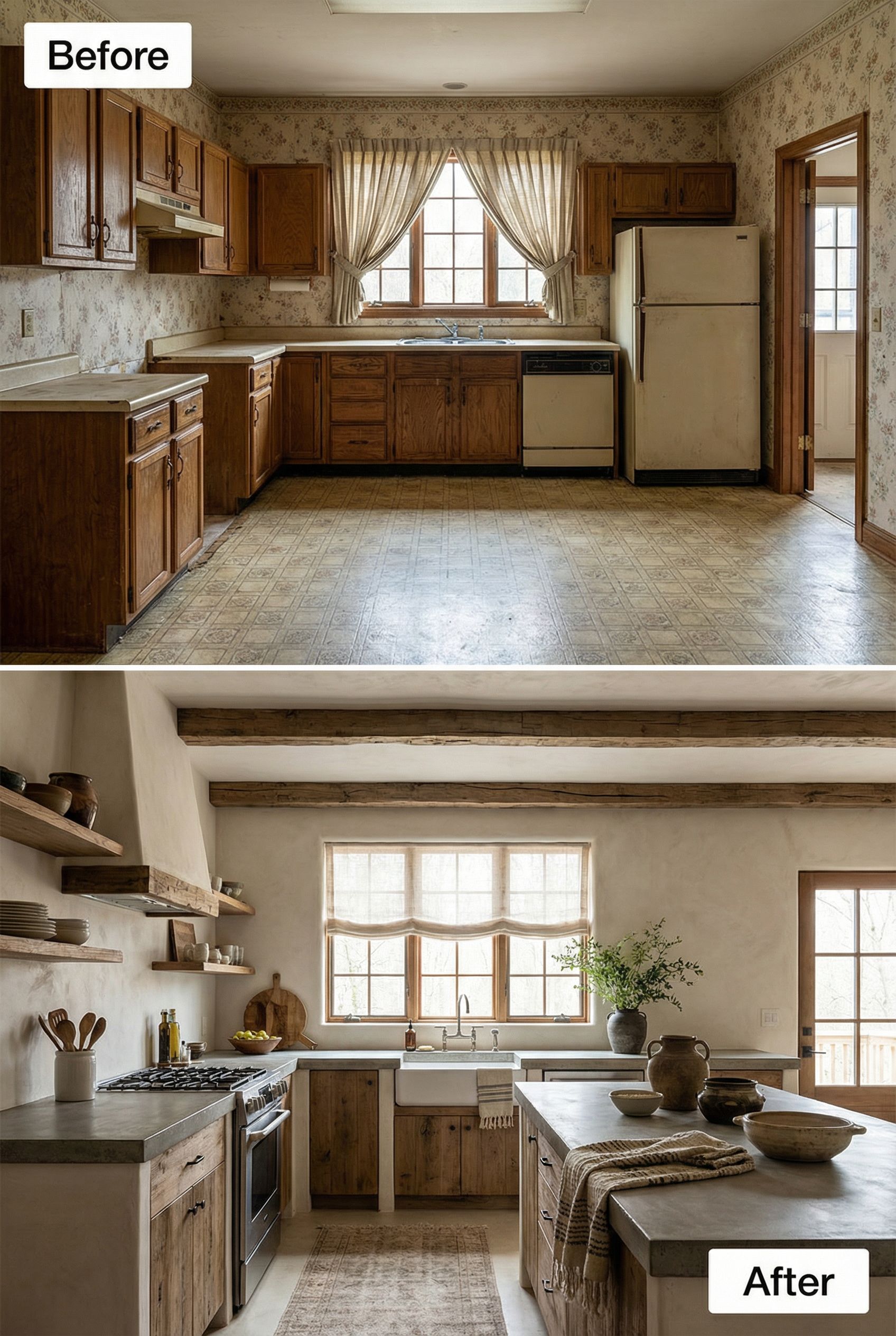 Early 2000s Granite Kitchen → Handcrafted Wabi Sabi Elegance