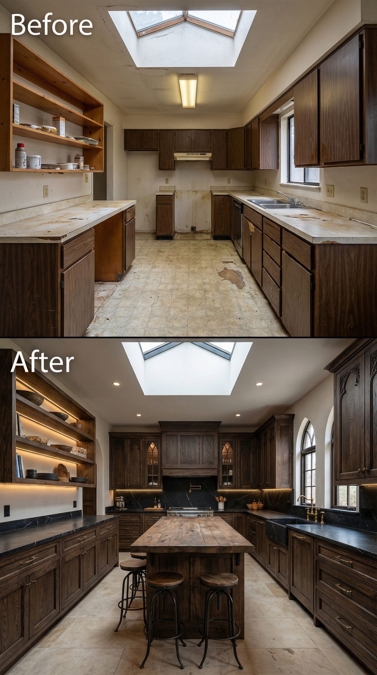 Early 2000s Granite Kitchen → Waterfall Quartz Stunner