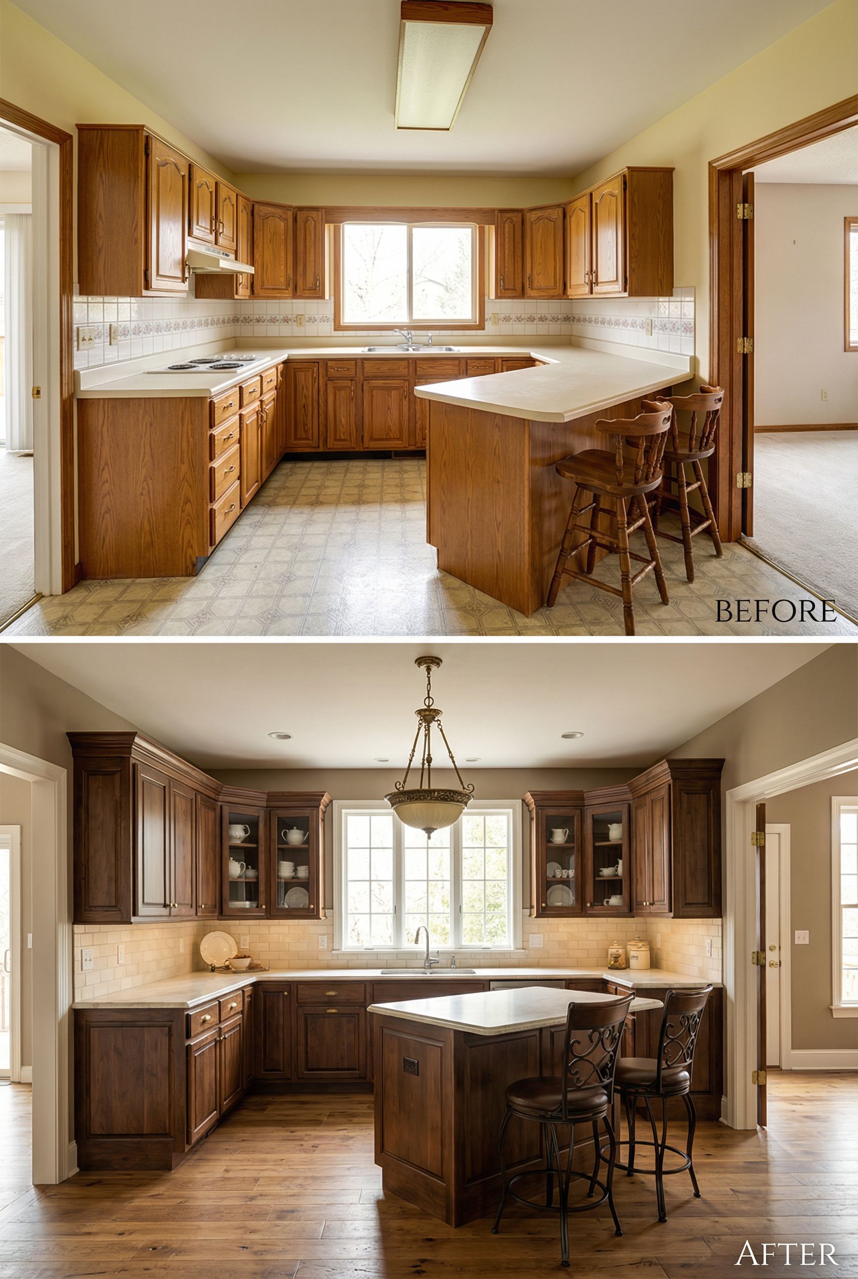 Early 2000s Maple Kitchen → Weathered European Manor
