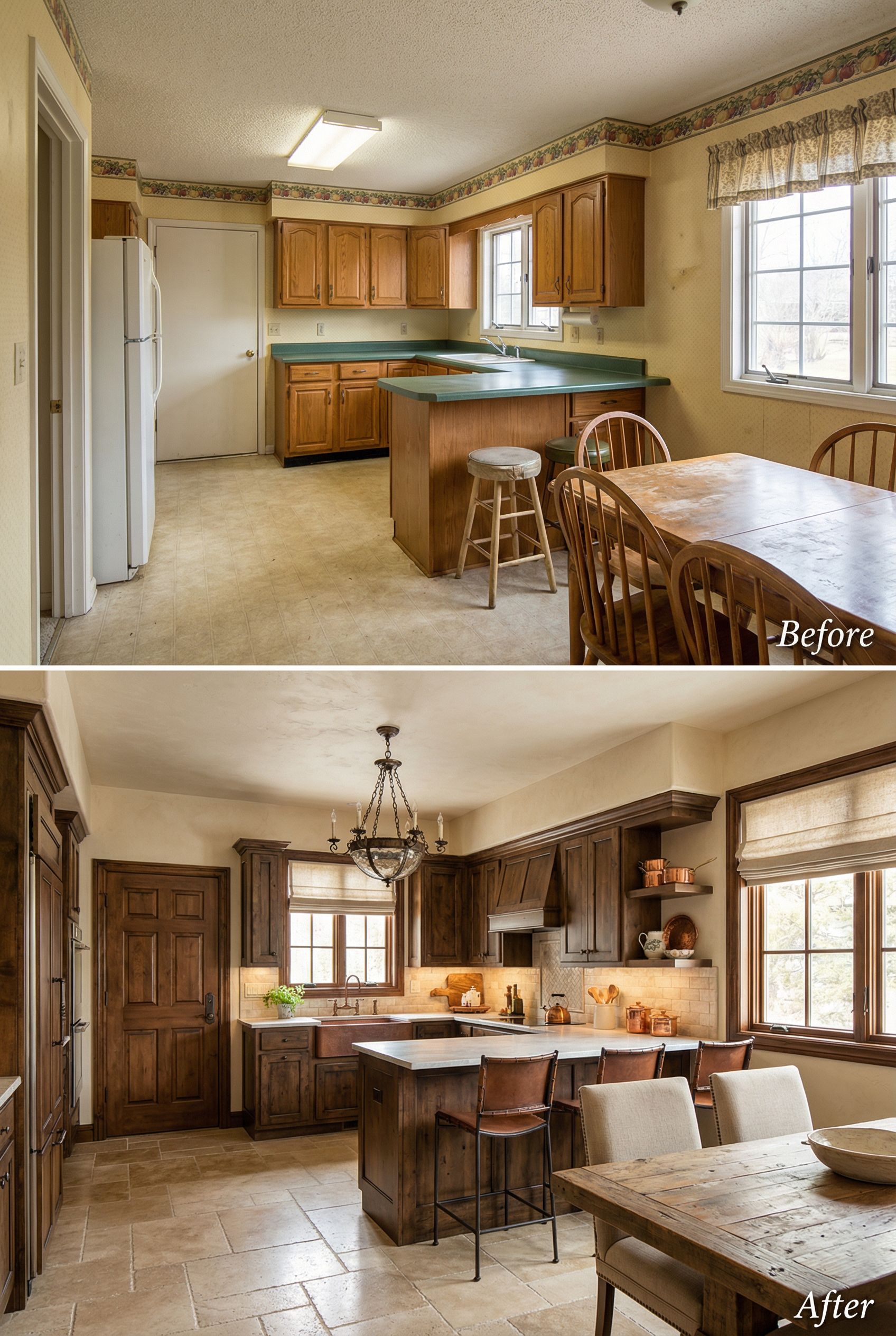 Early 2000s Modern Kitchen → Aged Tuscan Countryside