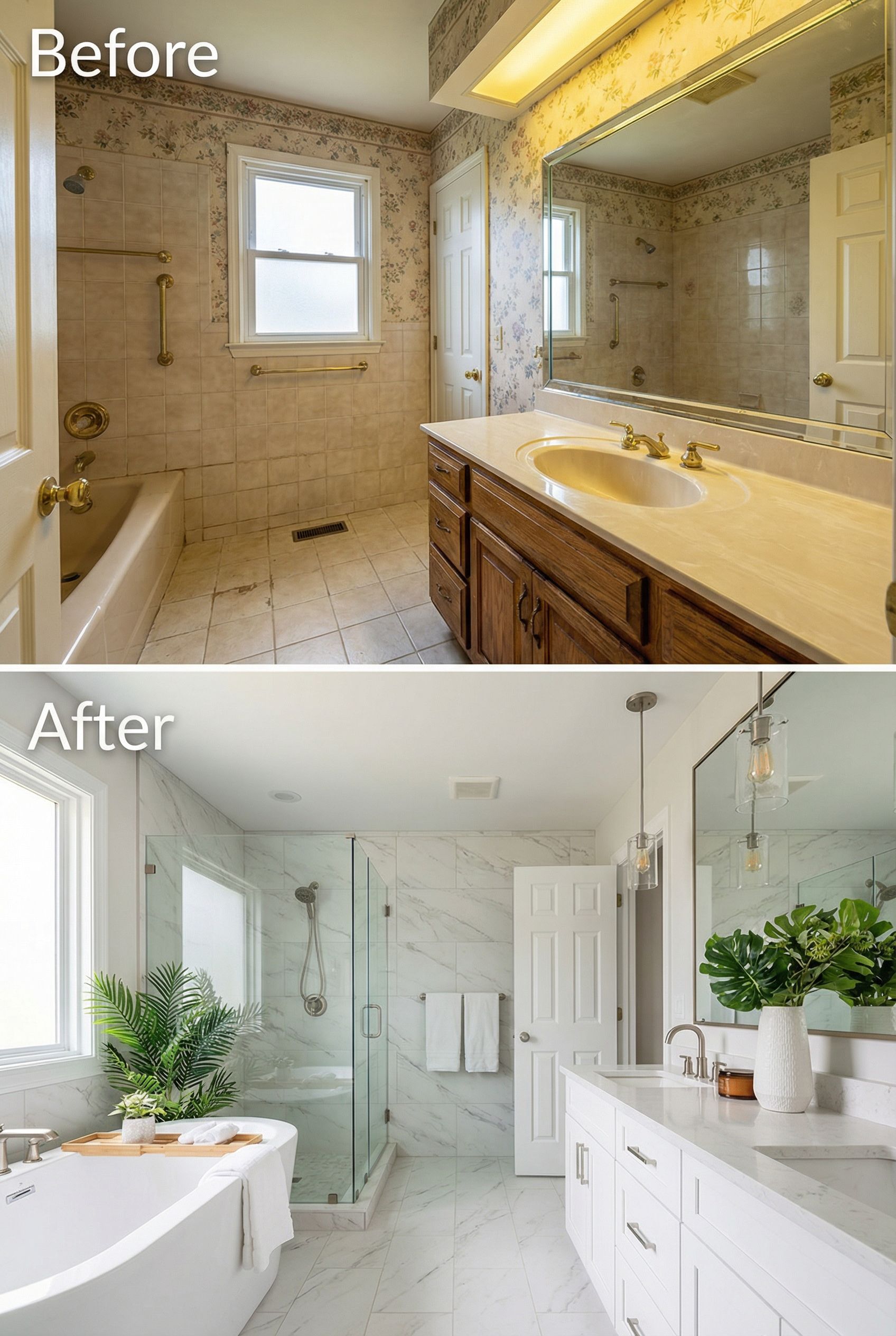 Early 2000s Tuscan Bath → Sleek Minimalist Sanctuary