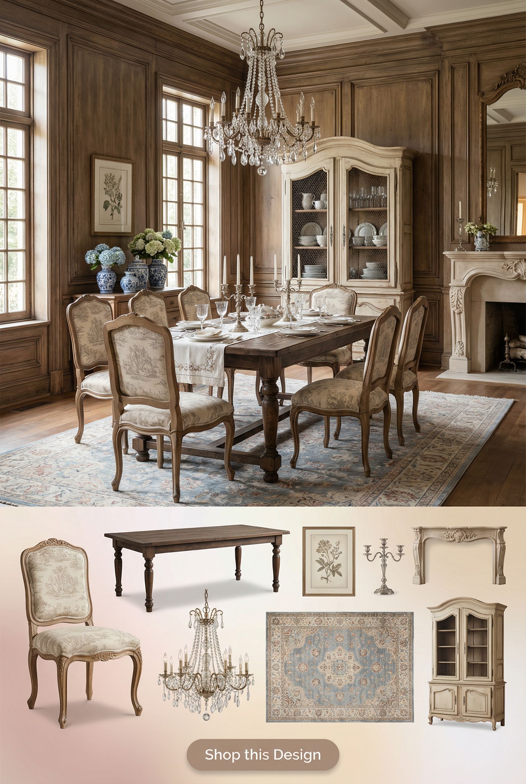 Elegant French Country Dining Room with Dark Oak Paneling and Crystal Chandelier Moodboard