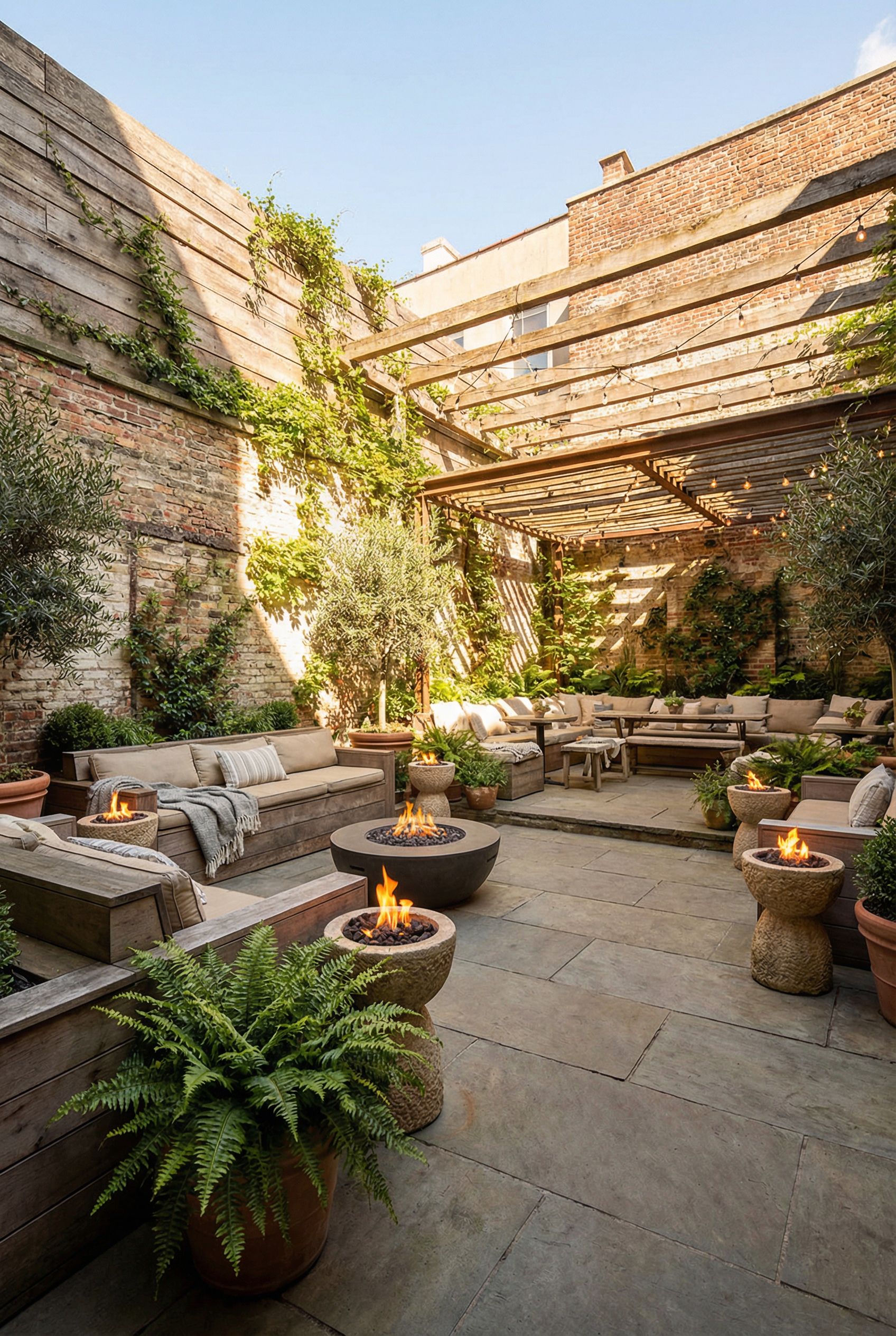 Enclosed courtyard redesigned with cozy nooks, fire elements and lush perimeter planting