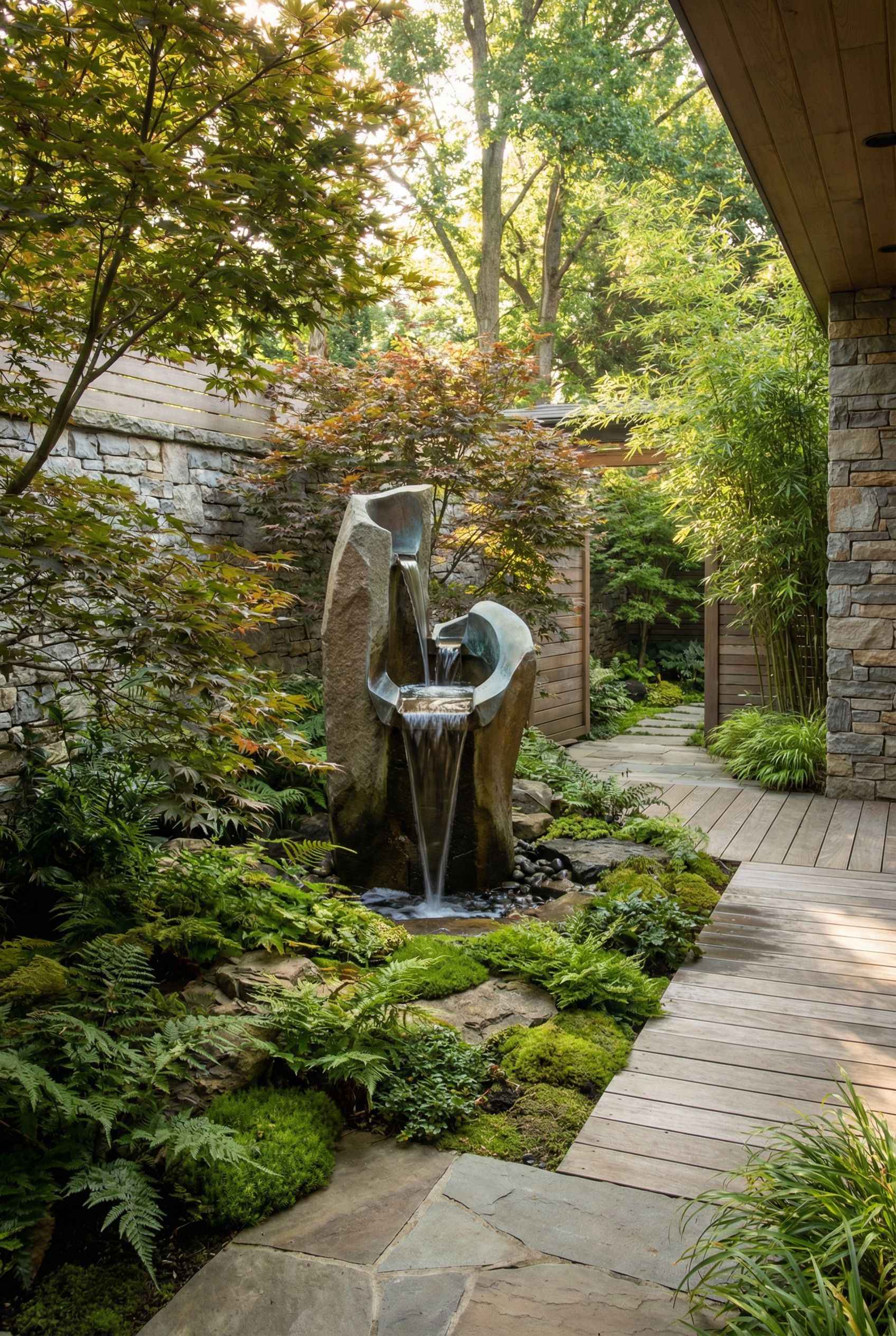 Enclosed courtyard retreat with layered foliage and a calming sculptural fountain
