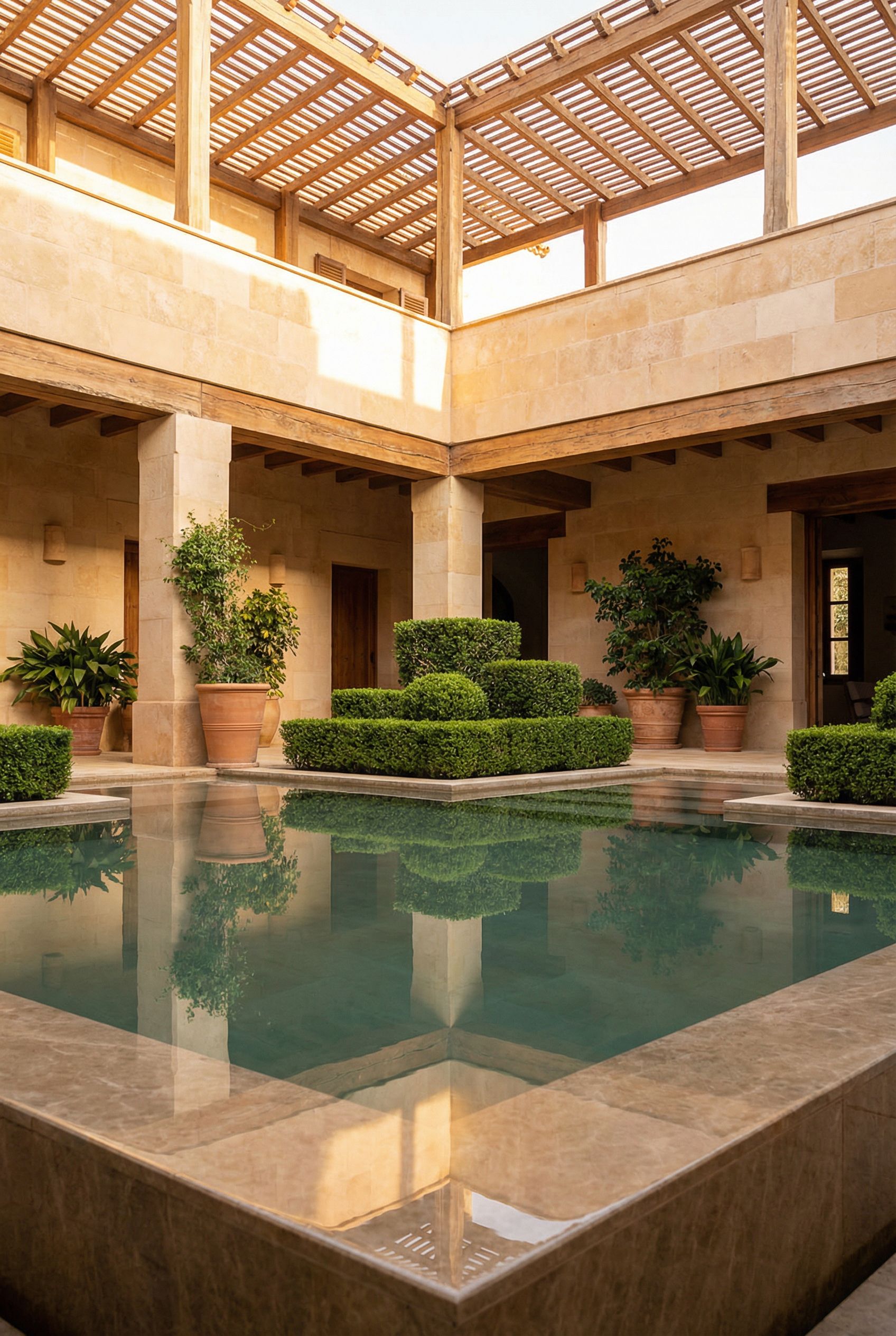 Enclosed courtyard sanctuary with reflective water, sculpted shrubs and warm textures