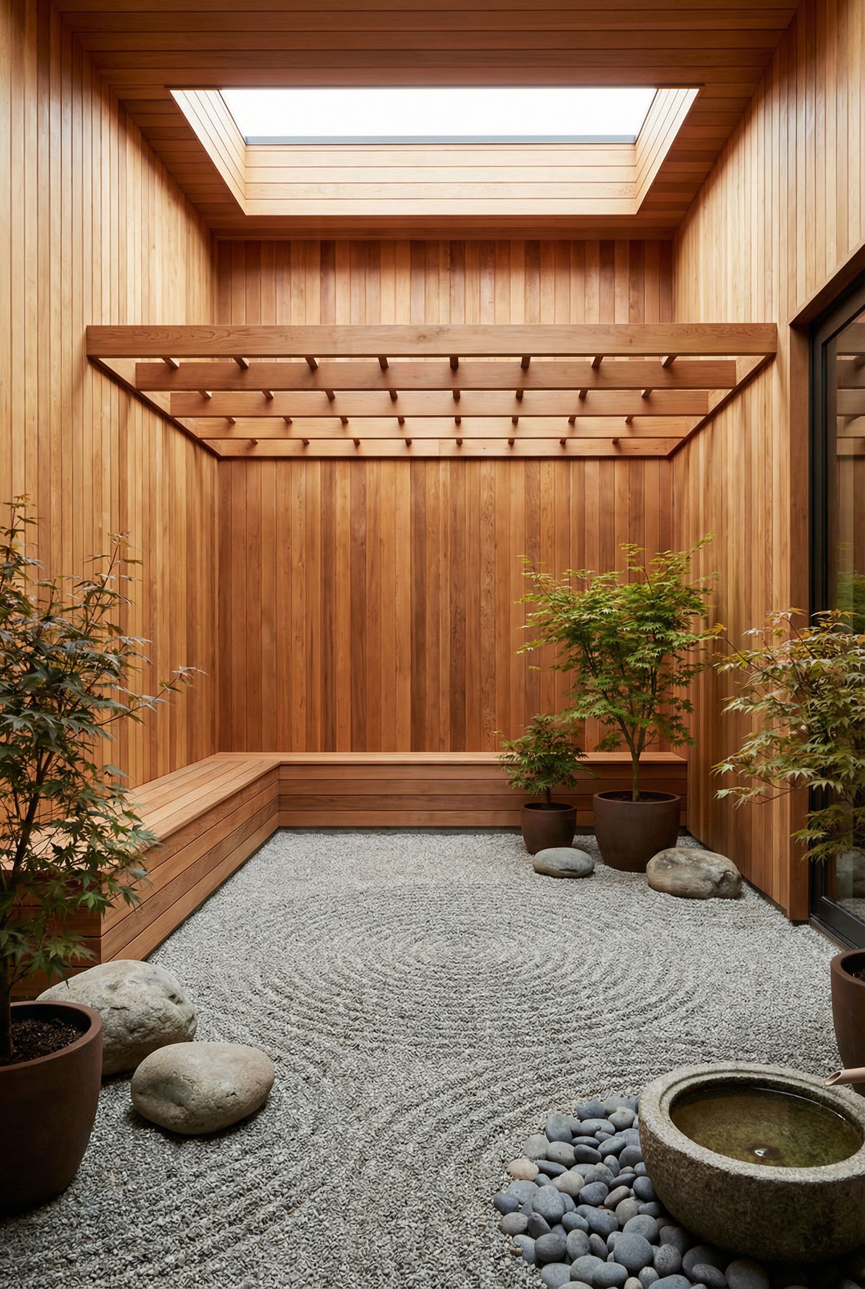 Enclosed courtyard with warm cedar accents and a peaceful meditative gravel layout