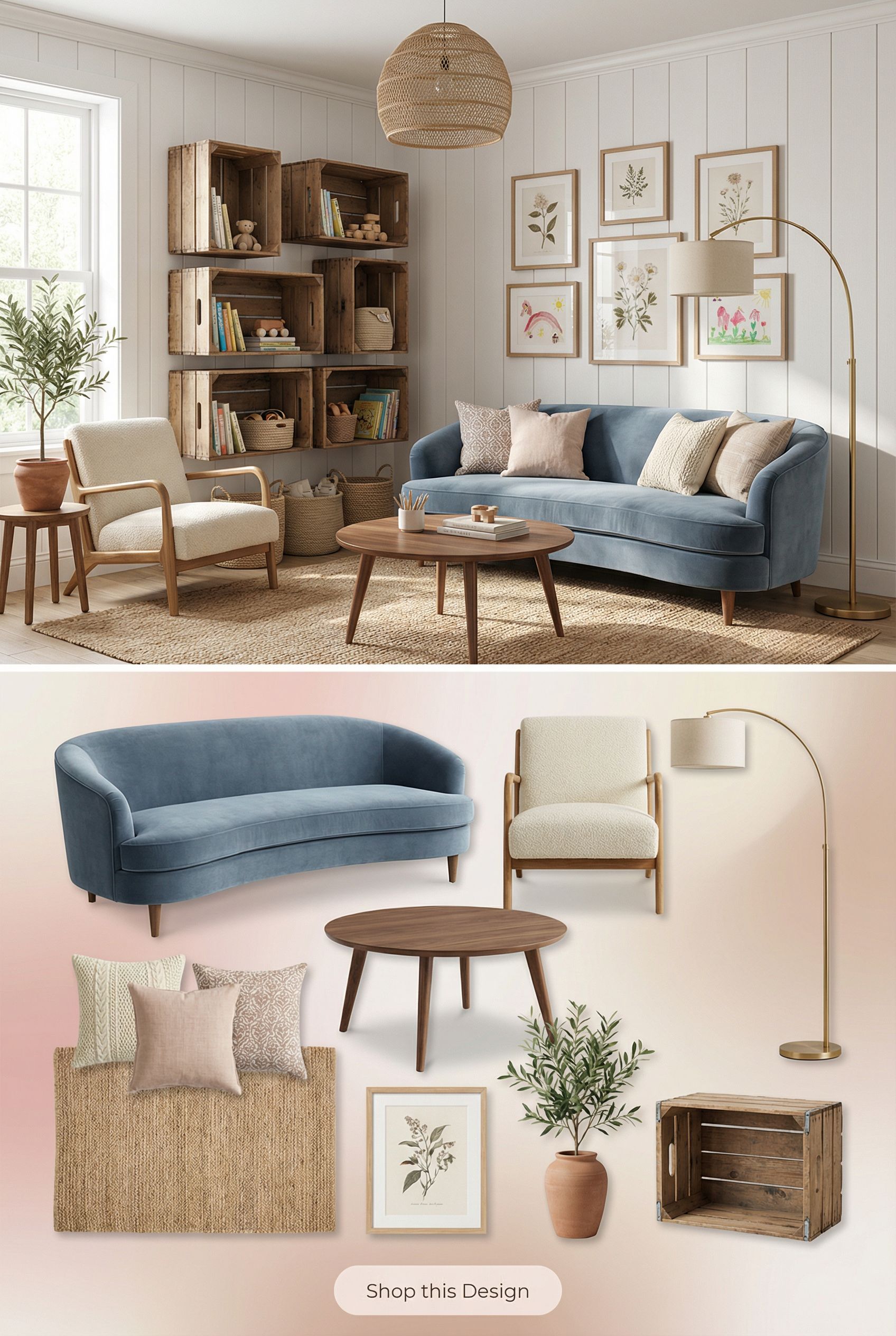 Farmhouse Playroom with Vintage Crate Shelving and Shiplap Walls