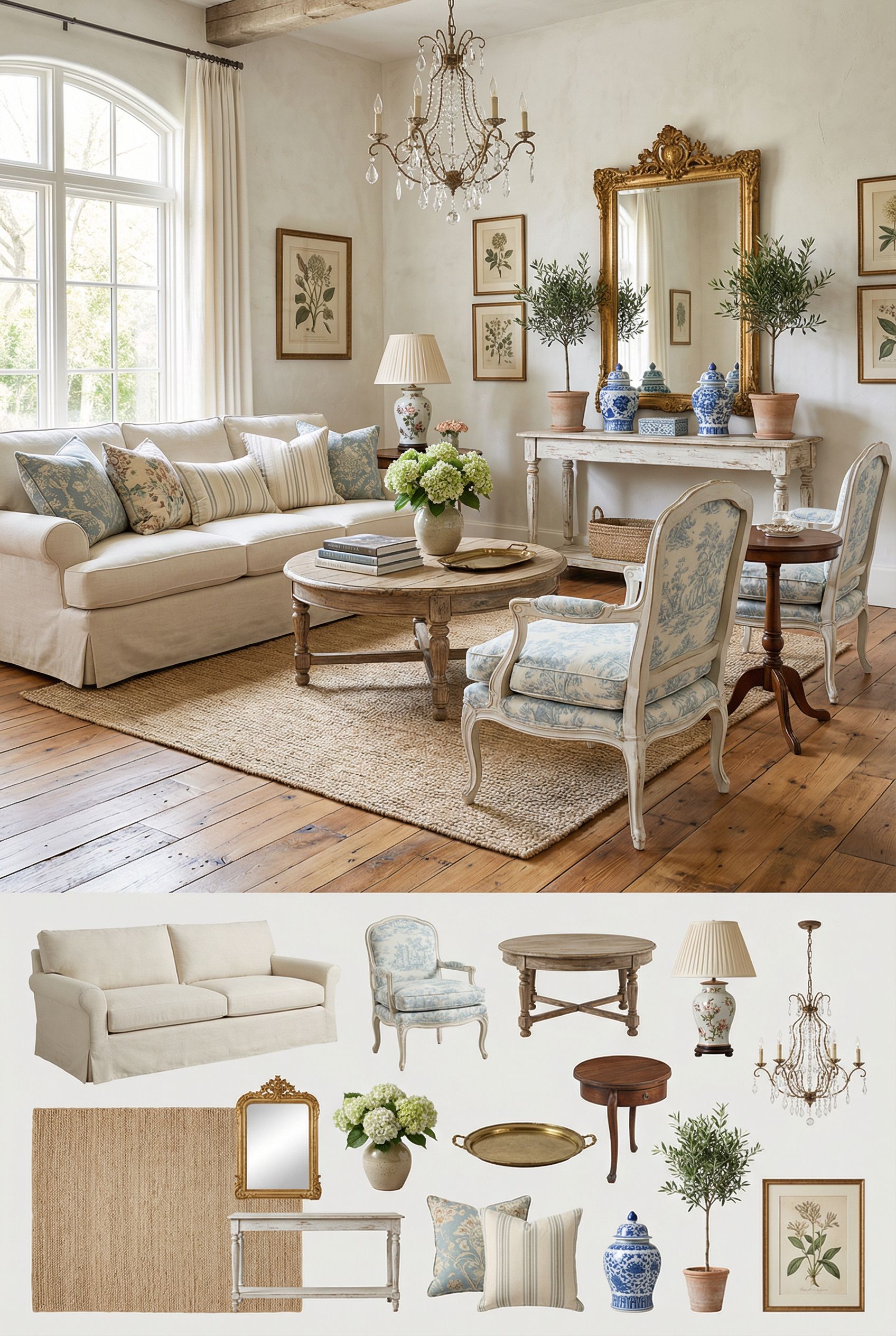 French Country Living Room with Reclaimed Wood Floors