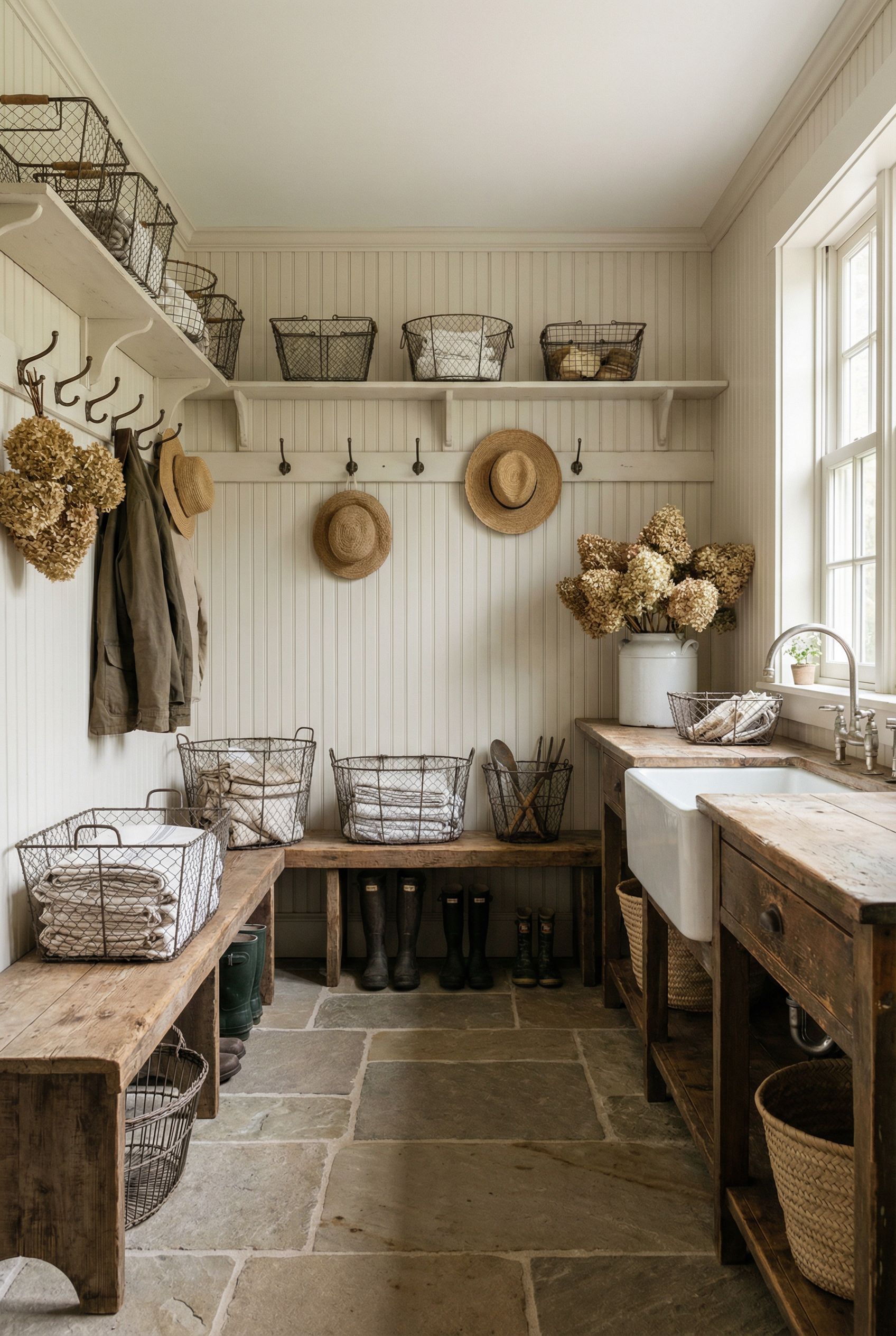 French Country Mudroom with Vintage Wire Baskets