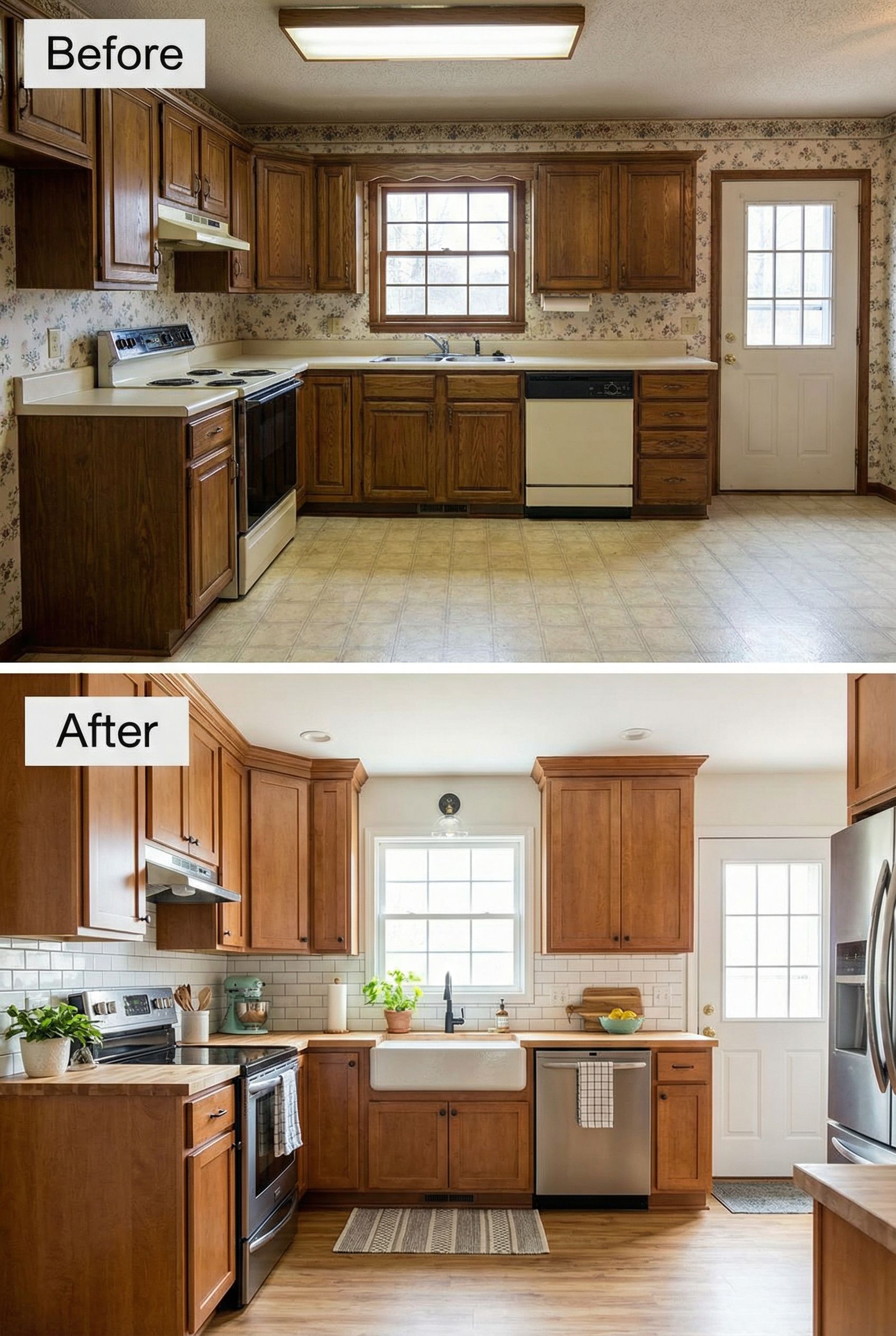 From builder-basic peninsula kitchen to dreamy warm island plan