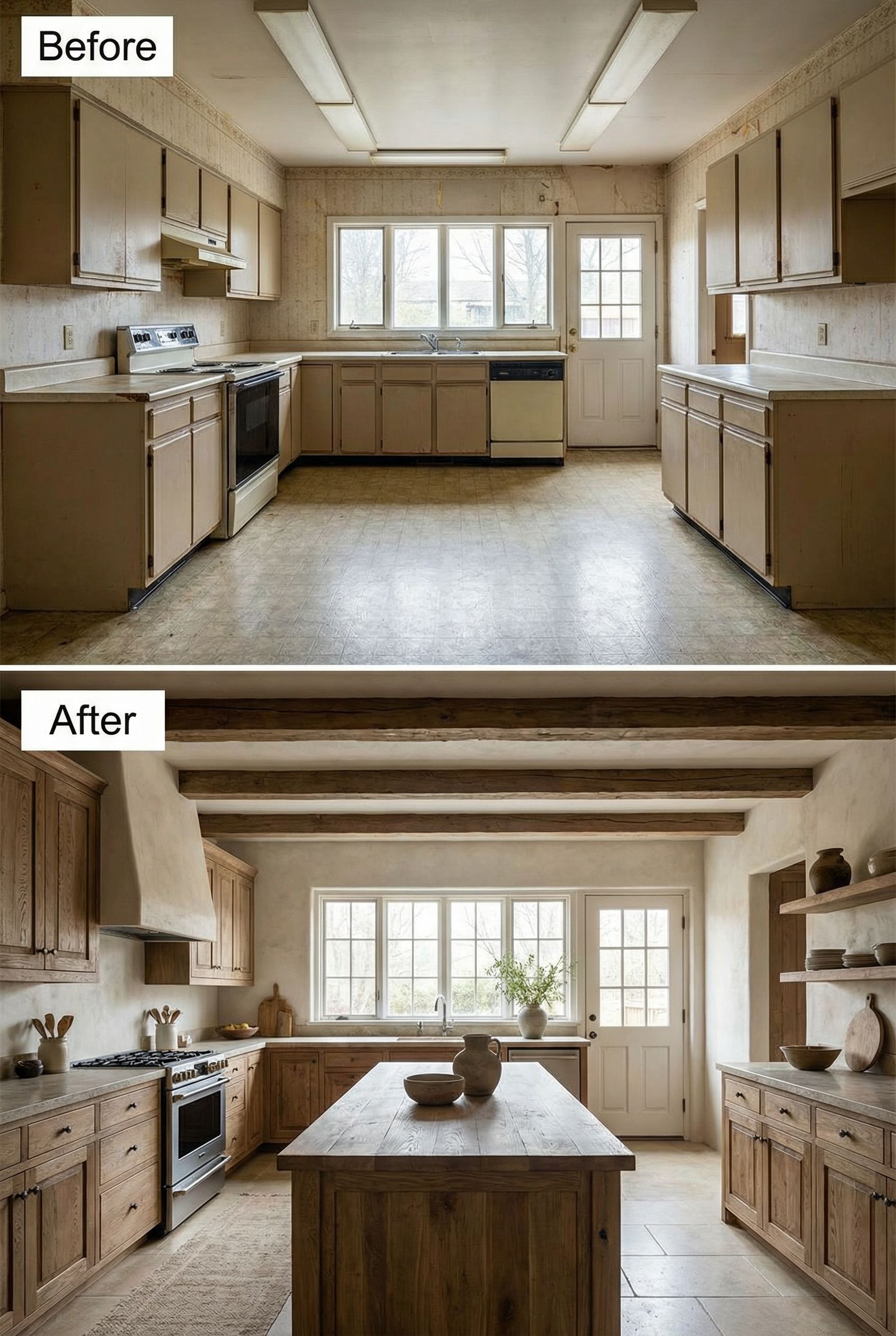 From dated kitchen to airy Wabi-Sabi makeover with soft cream textures