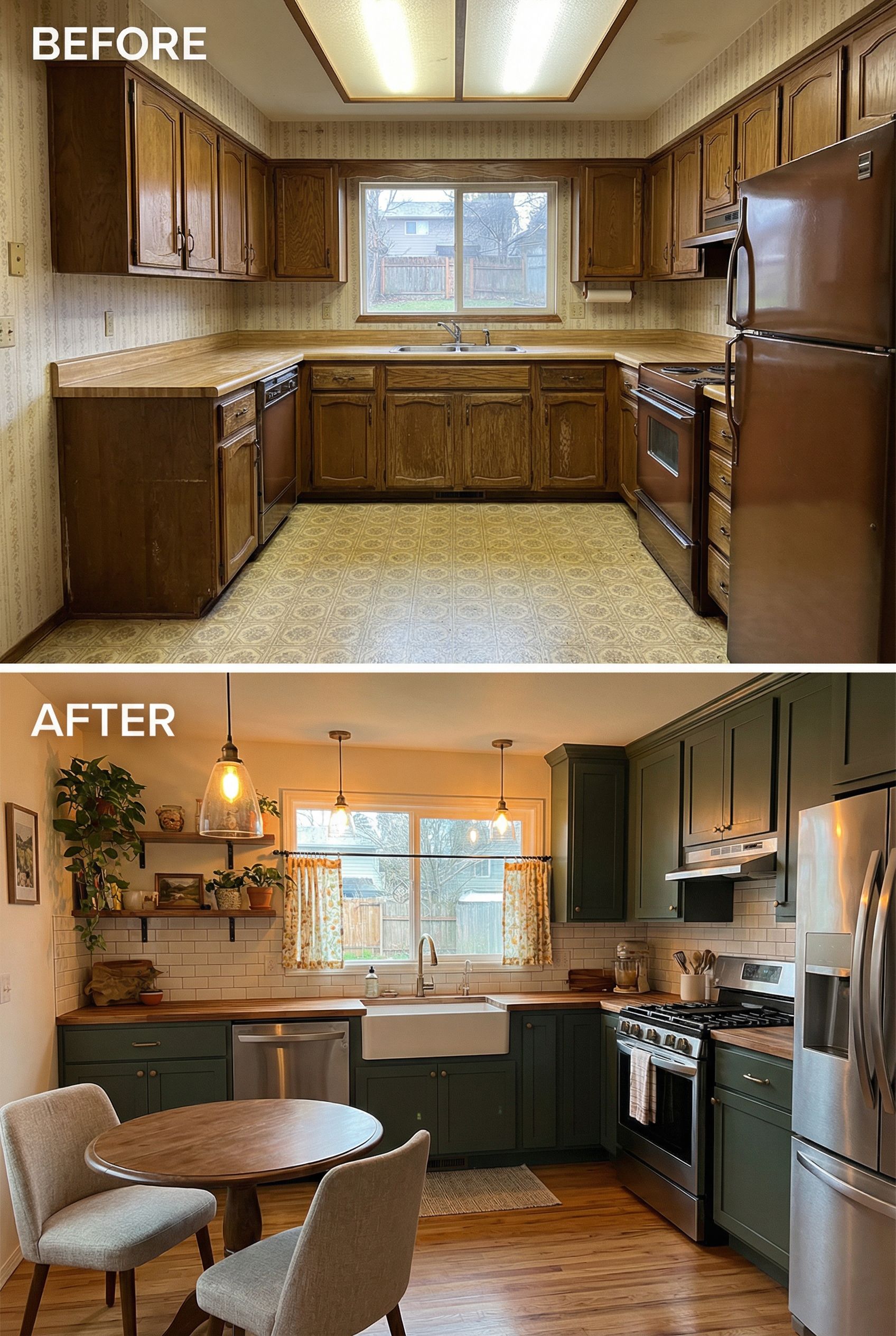 From dated kitchen to cheerful warm blend of soft greens and natural woods