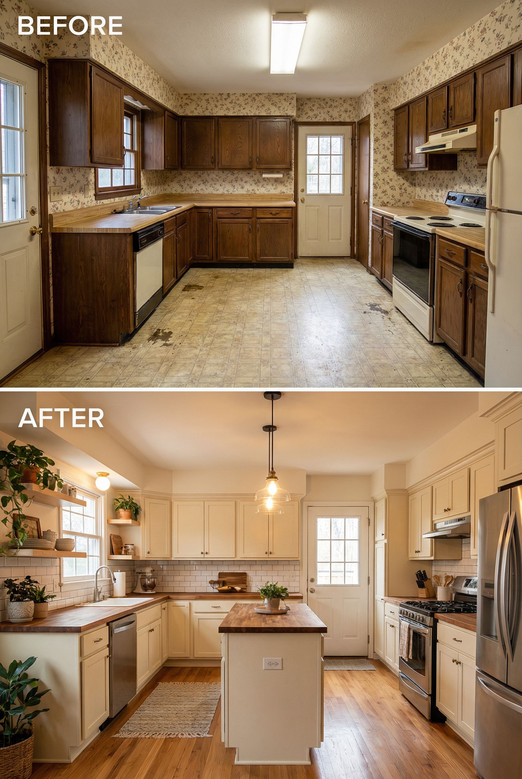 From dated kitchen to comfort-first cozy space with warm island and soft finishes