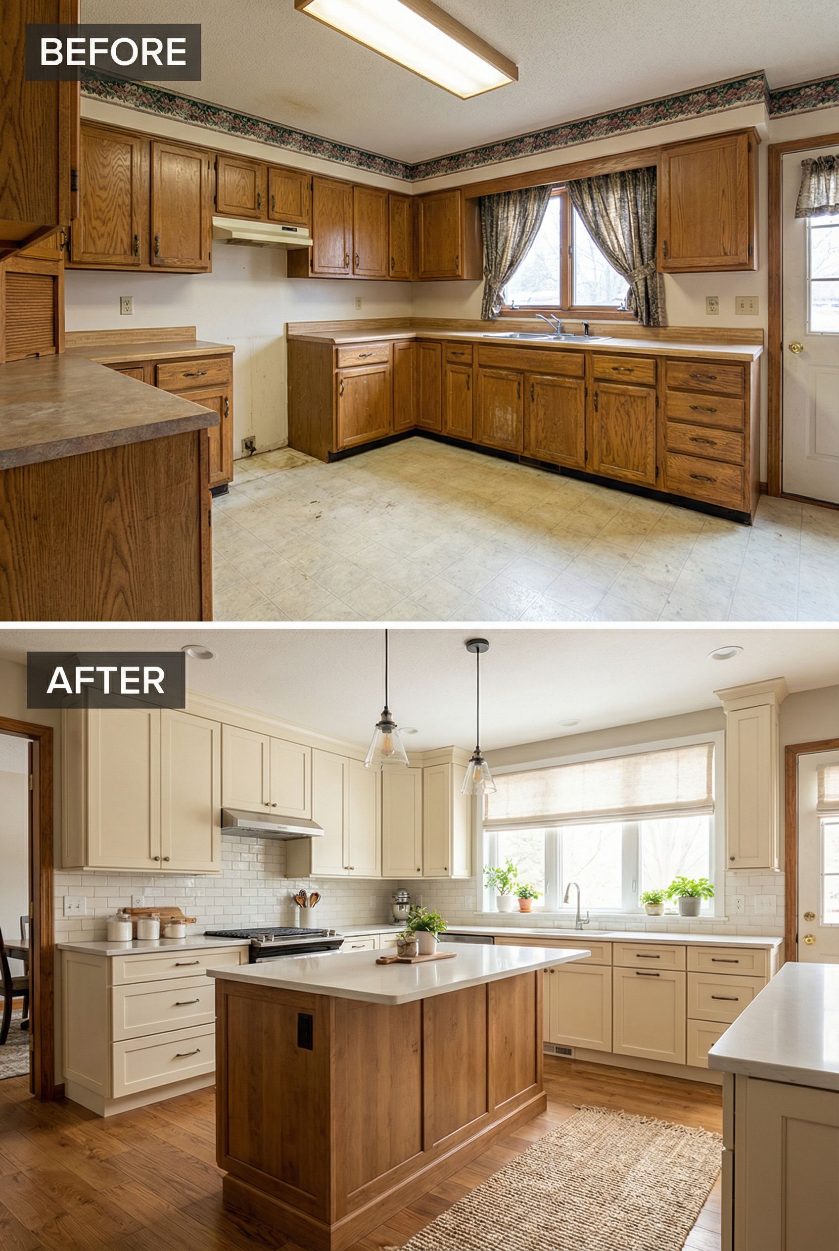 From dated kitchen to cozy golden-hour-inspired kitchen with layered lighting