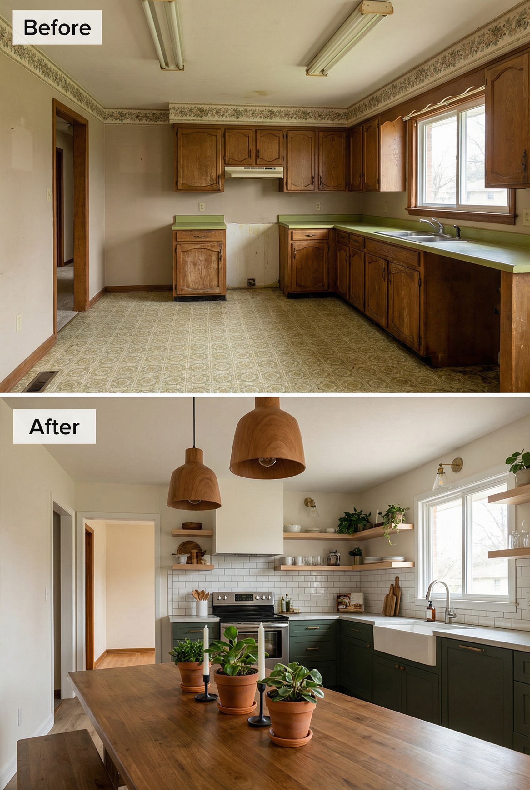 From dated kitchen to cozy rustic-modern blend with warm wood and soft whites