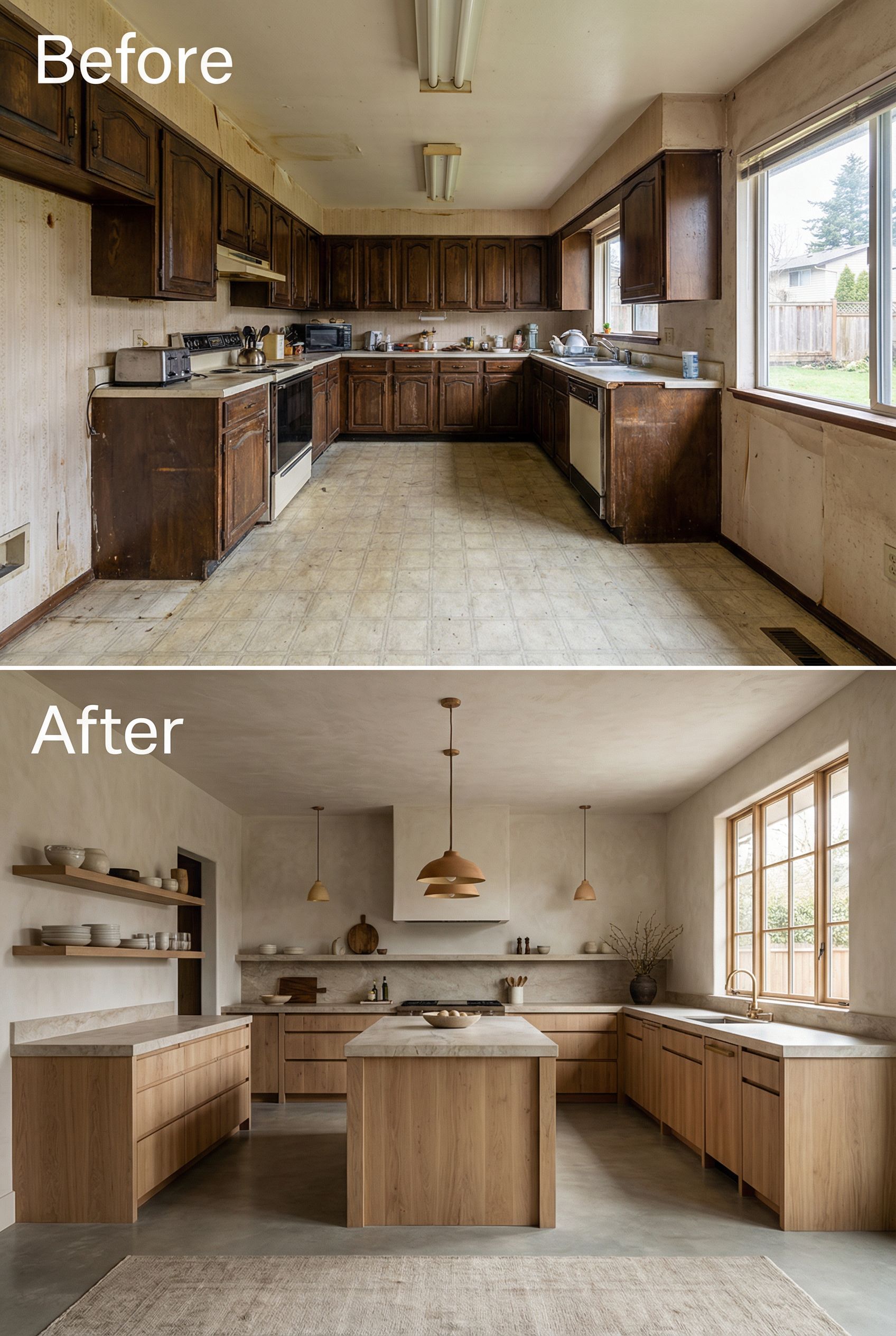 From dated kitchen to earthy Wabi-Sabi space with reclaimed rustic shelves