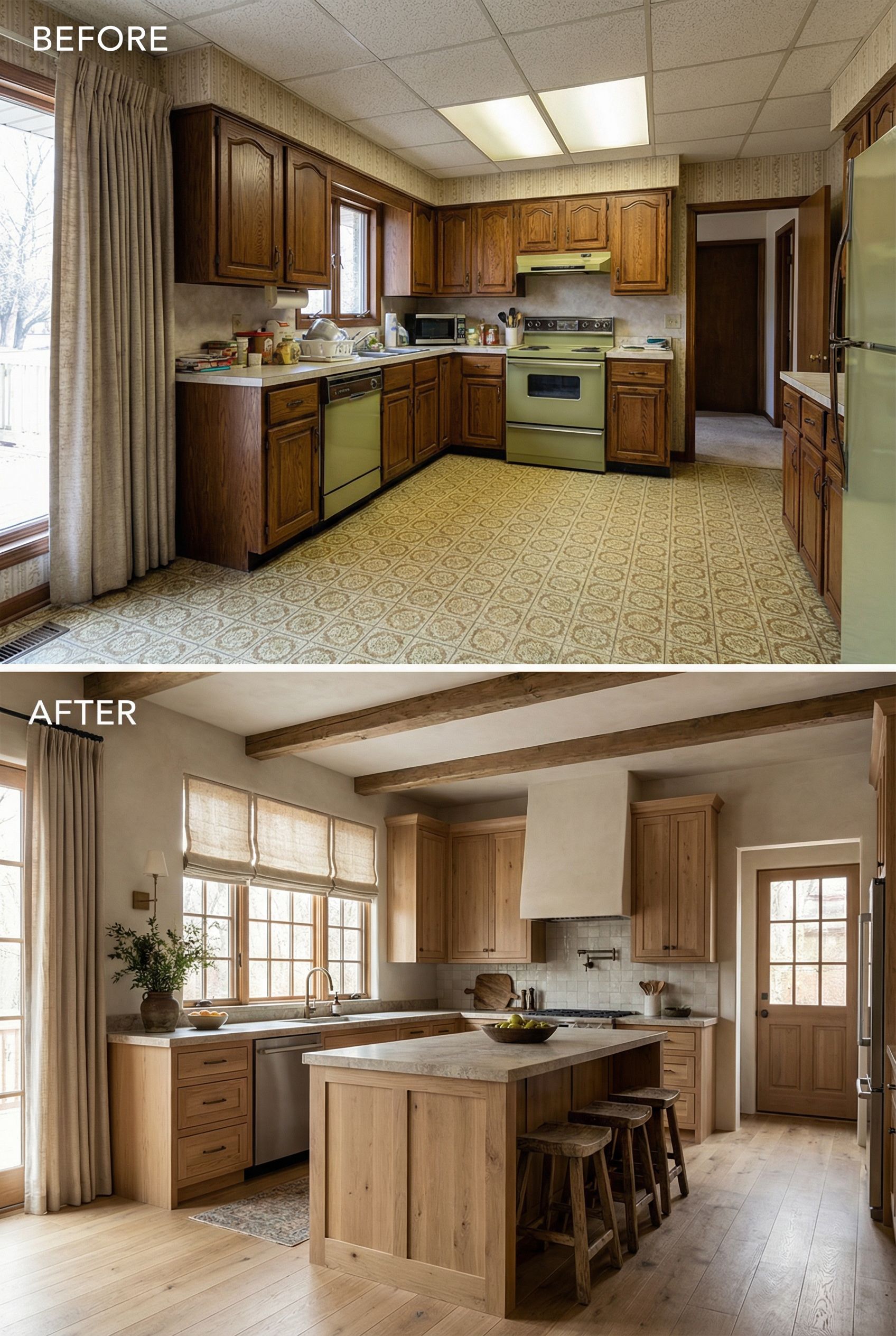 From dated kitchen to elegant Wabi-Sabi layout with warm wood accents