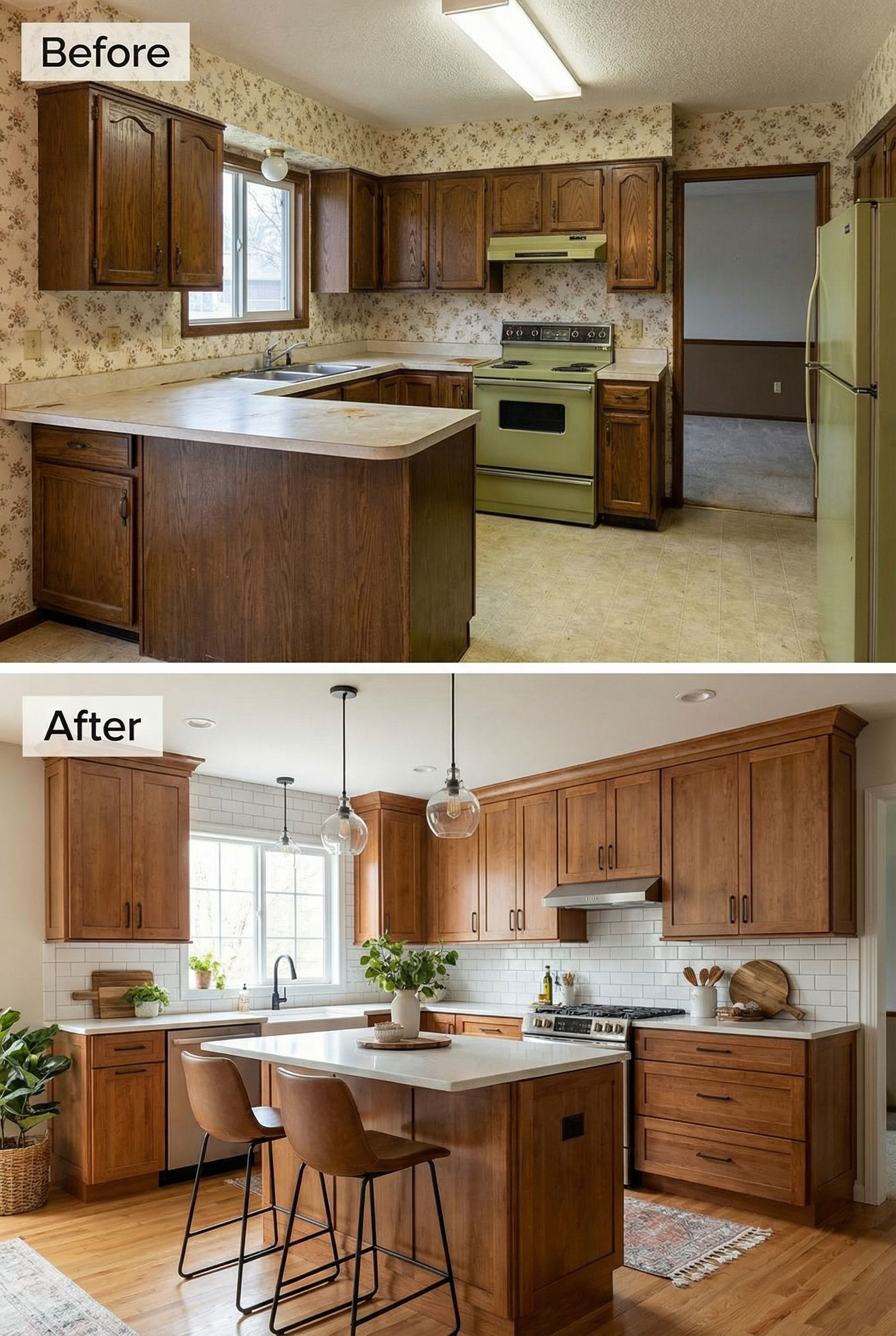 From dated kitchen to glowing warm space with creamy cabinetry and wood shelves