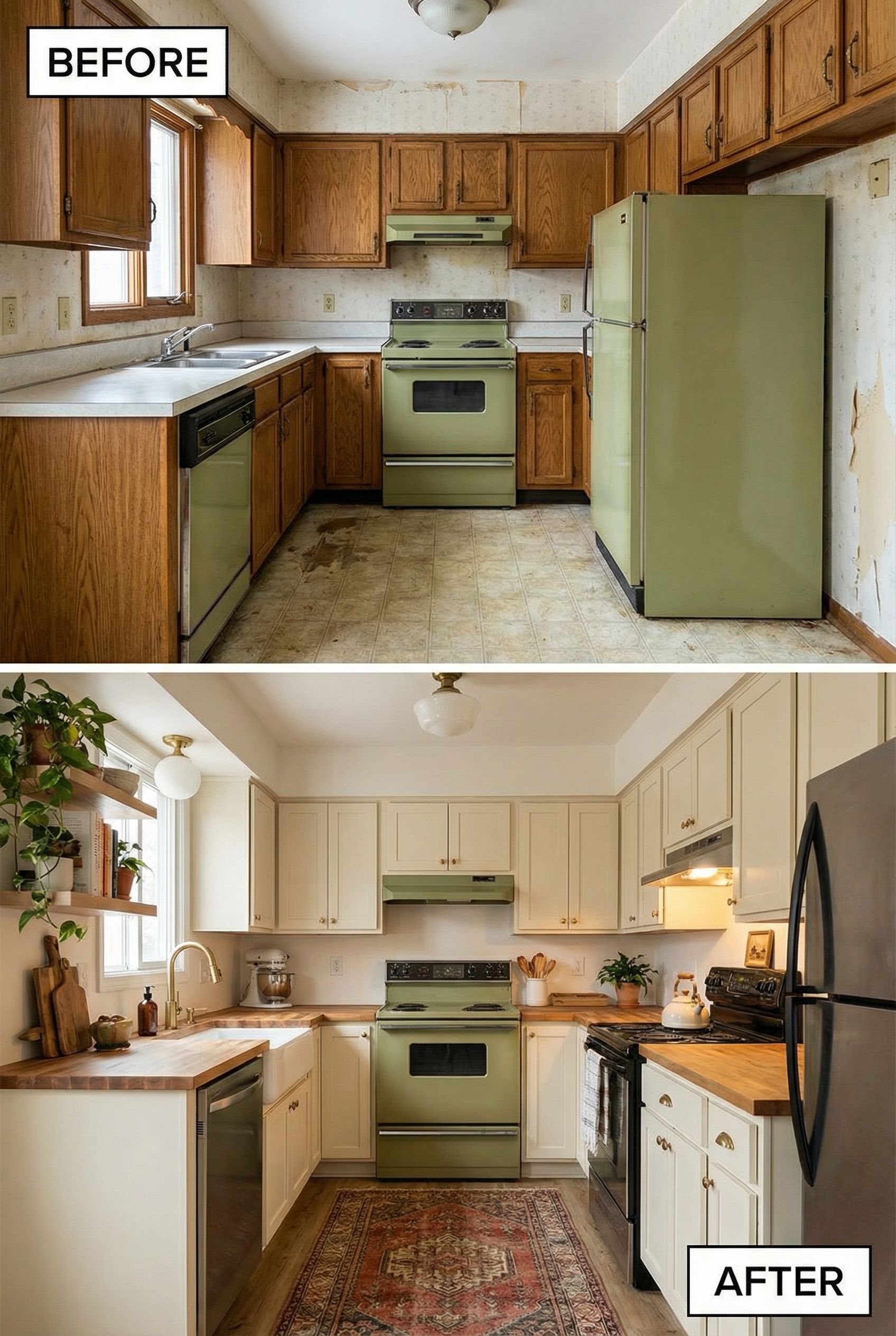 From dated kitchen to happy cozy open layout with warm beams and soft curves