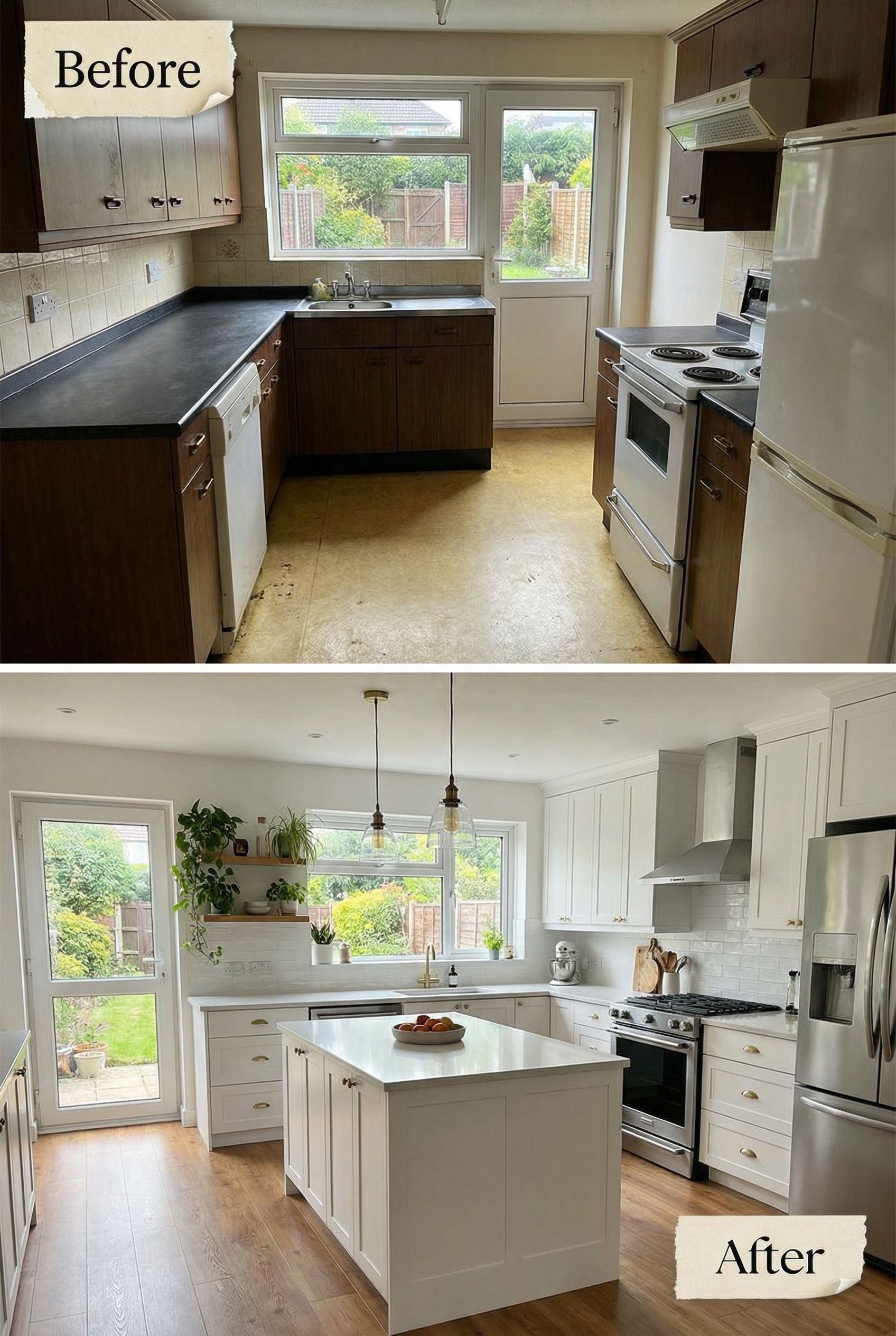 From dated kitchen to happy hearth-style layout with warm stone and wood