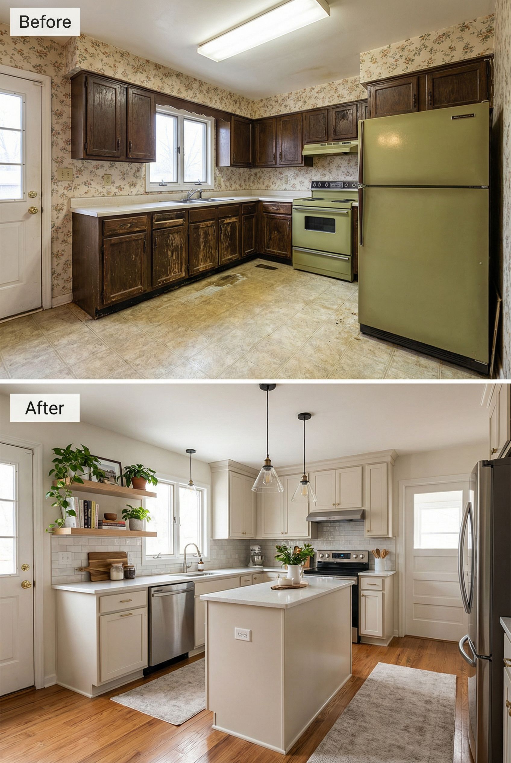 From dated kitchen to happy, light-filled space with warm wood accents