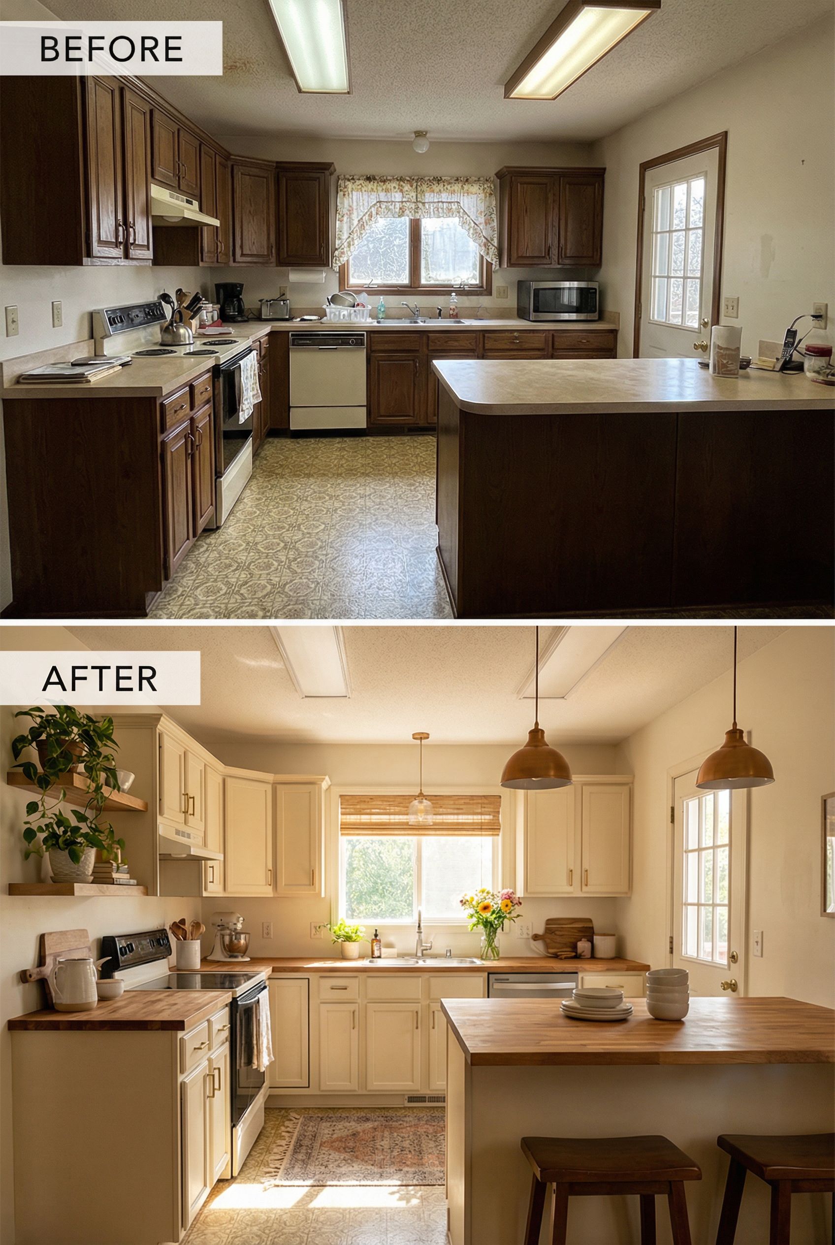 From dated kitchen to inviting warm space with textured rugs and soft edges