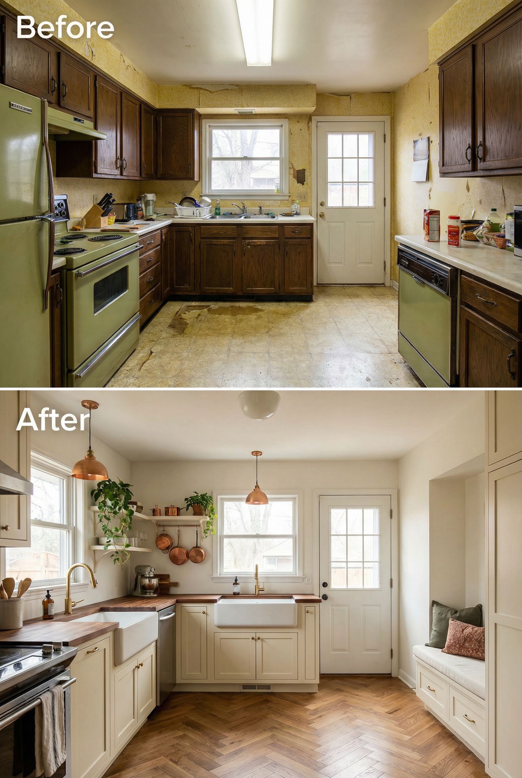 From dated kitchen to joyful cozy space with warm tile and gentle ambient lighting