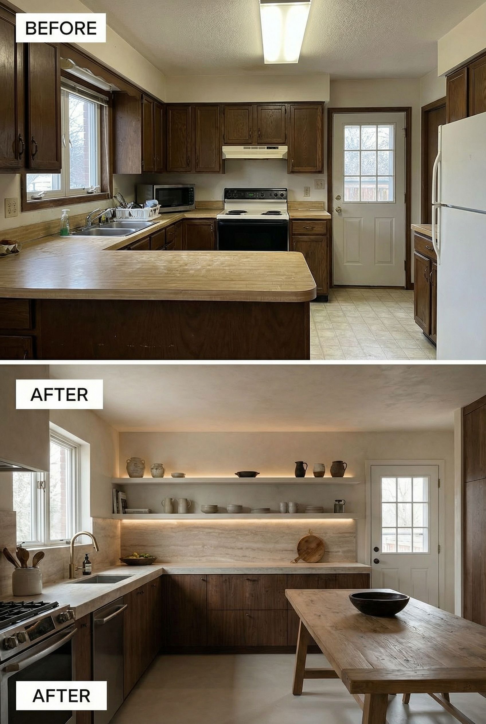 From dated kitchen to luxurious Wabi-Sabi space with warm rustic wood
