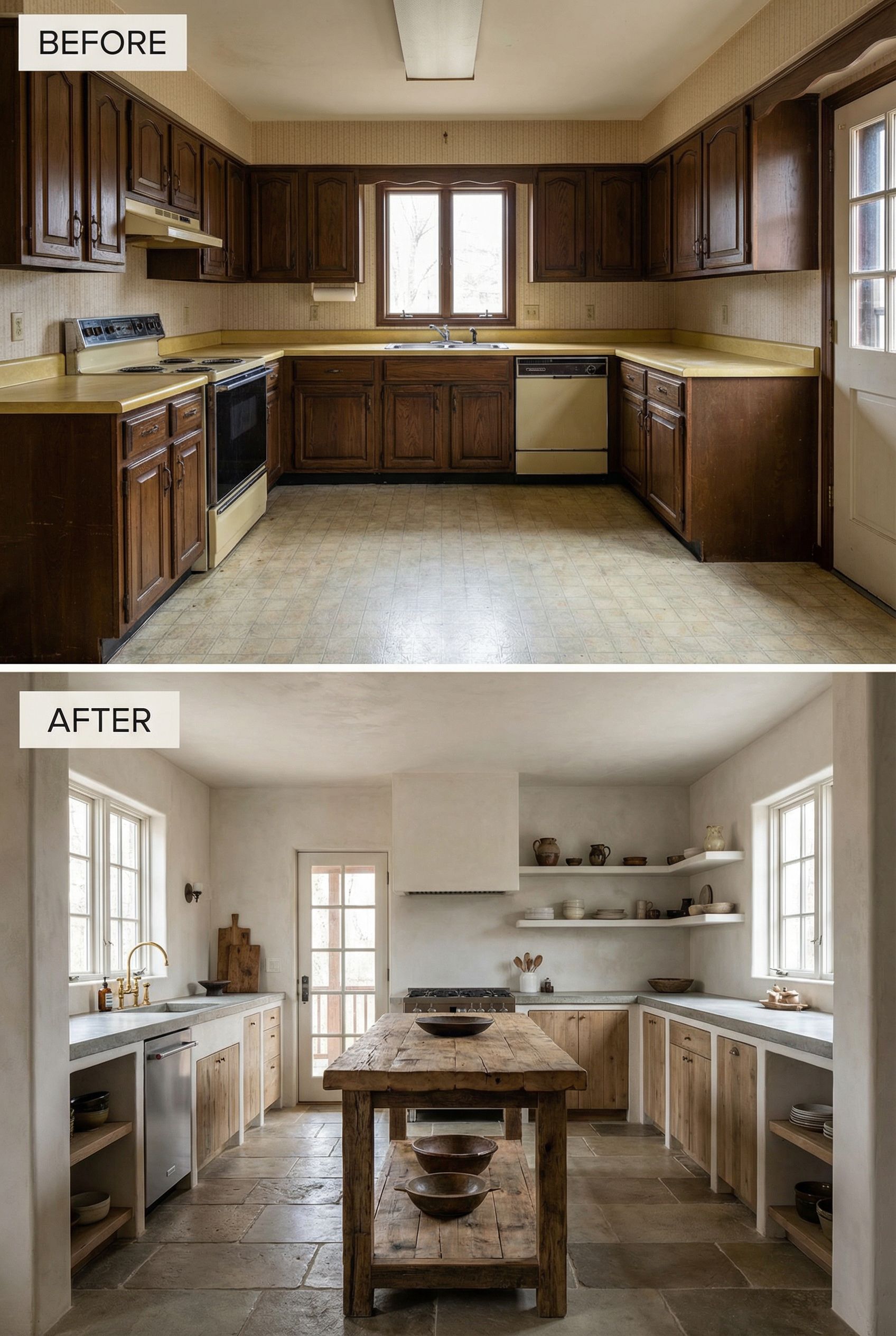 From dated kitchen to organic Wabi-Sabi kitchen with handcrafted accents
