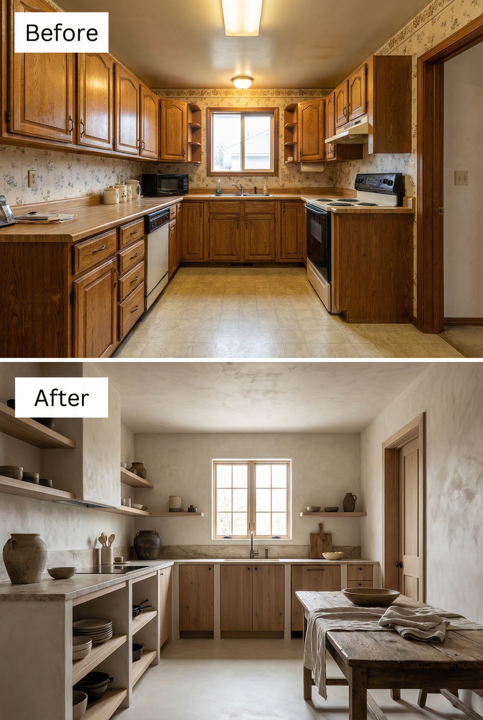 From dated kitchen to rustic-modern Wabi-Sabi mix with warm matte finishes