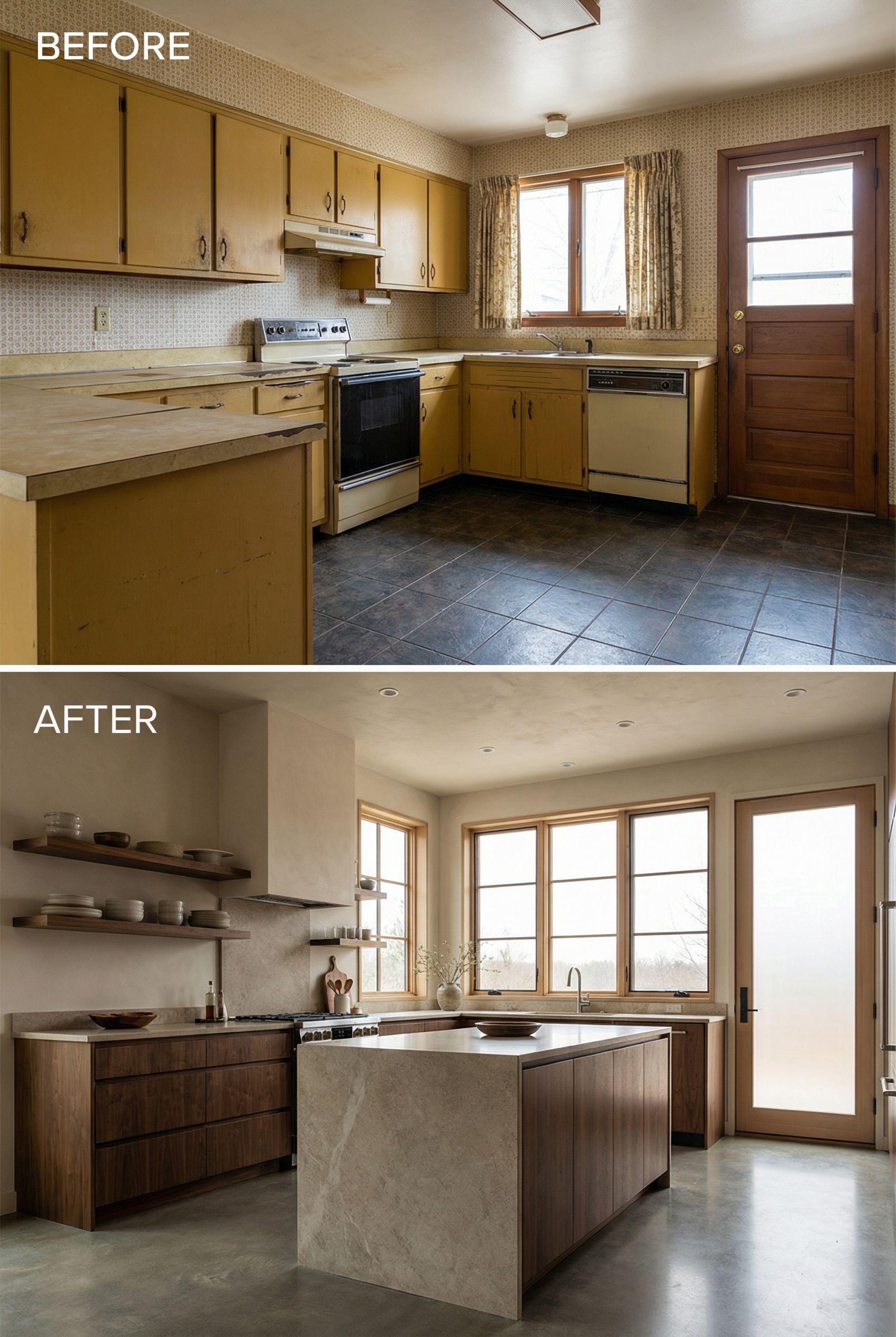From dated kitchen to rustic Wabi-Sabi kitchen with soft neutral tones