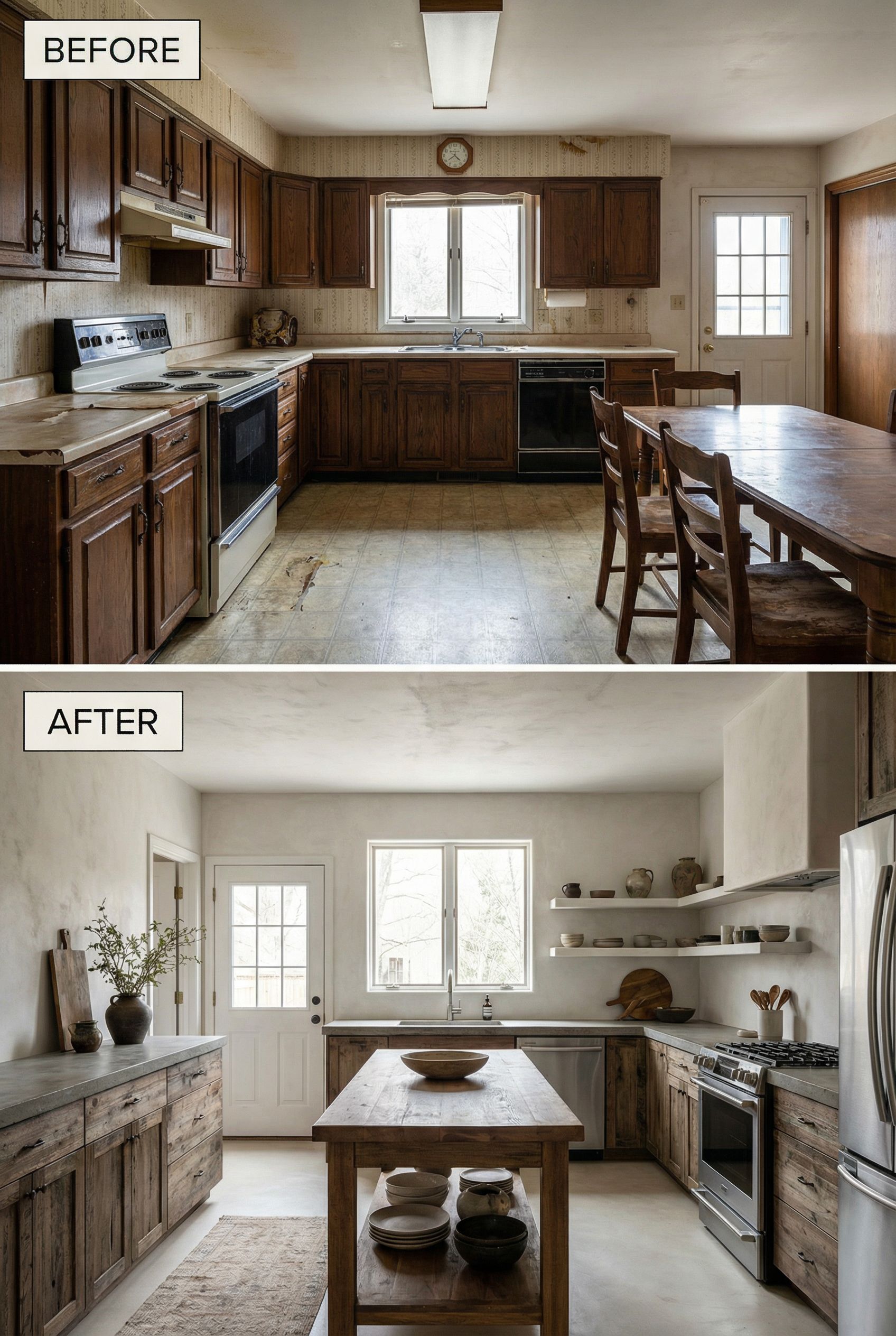 From dated kitchen to serene Wabi-Sabi retreat with earthy stone warmth