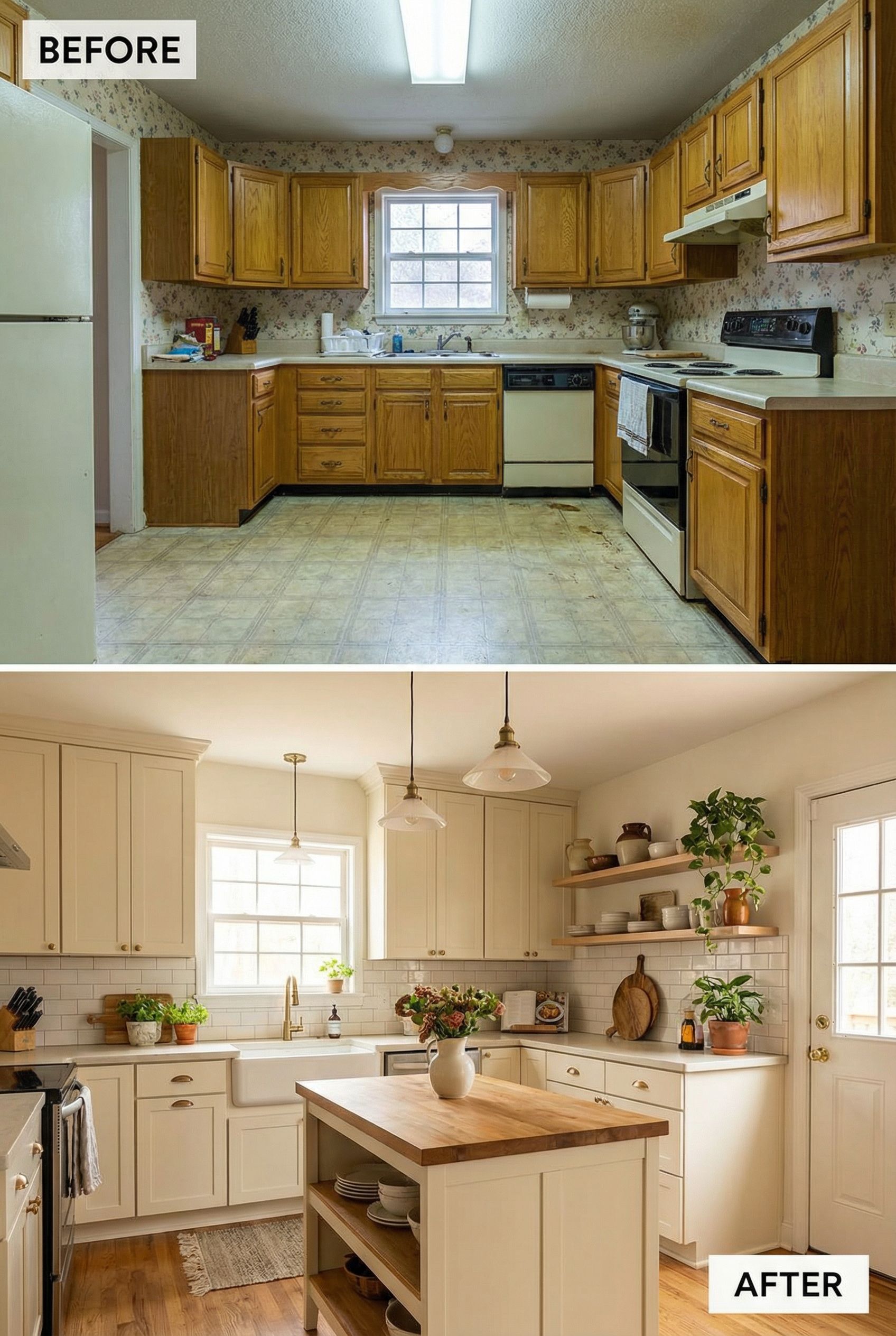 From dated kitchen to serene warm kitchen filled with natural light and softness