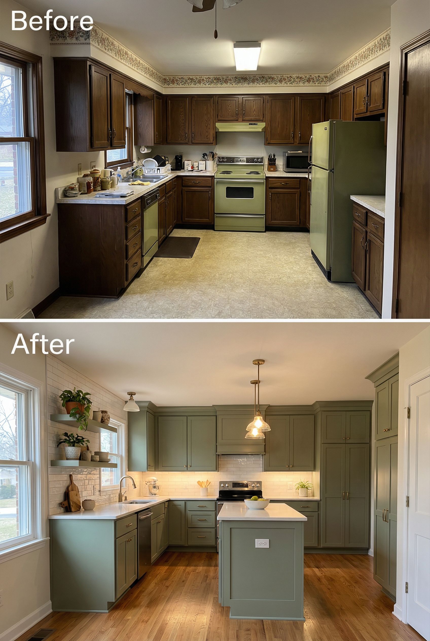 From dated kitchen to soothing cozy kitchen with warm-toned countertops