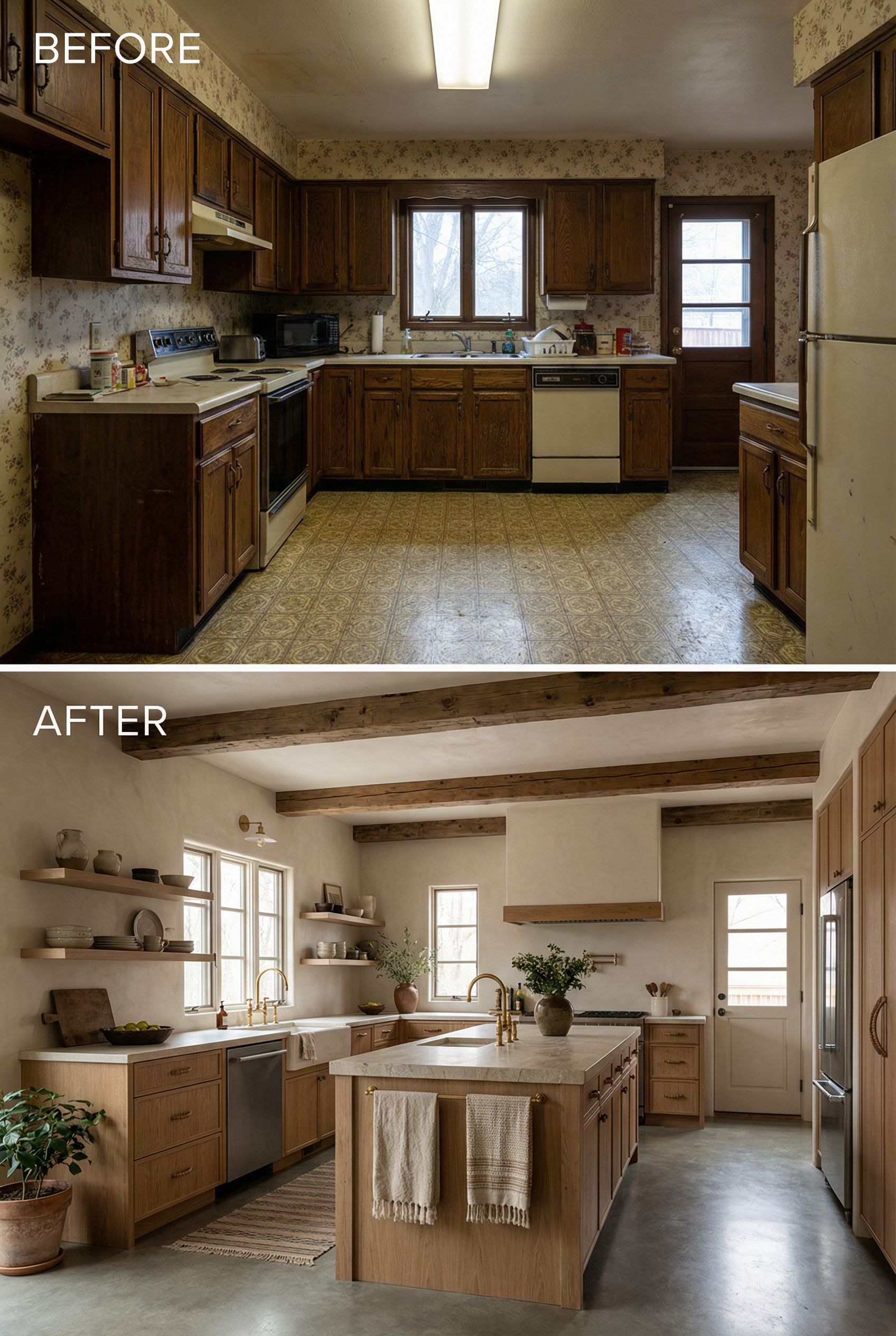 From dated kitchen to soulful Wabi-Sabi kitchen layered in warm neutrals