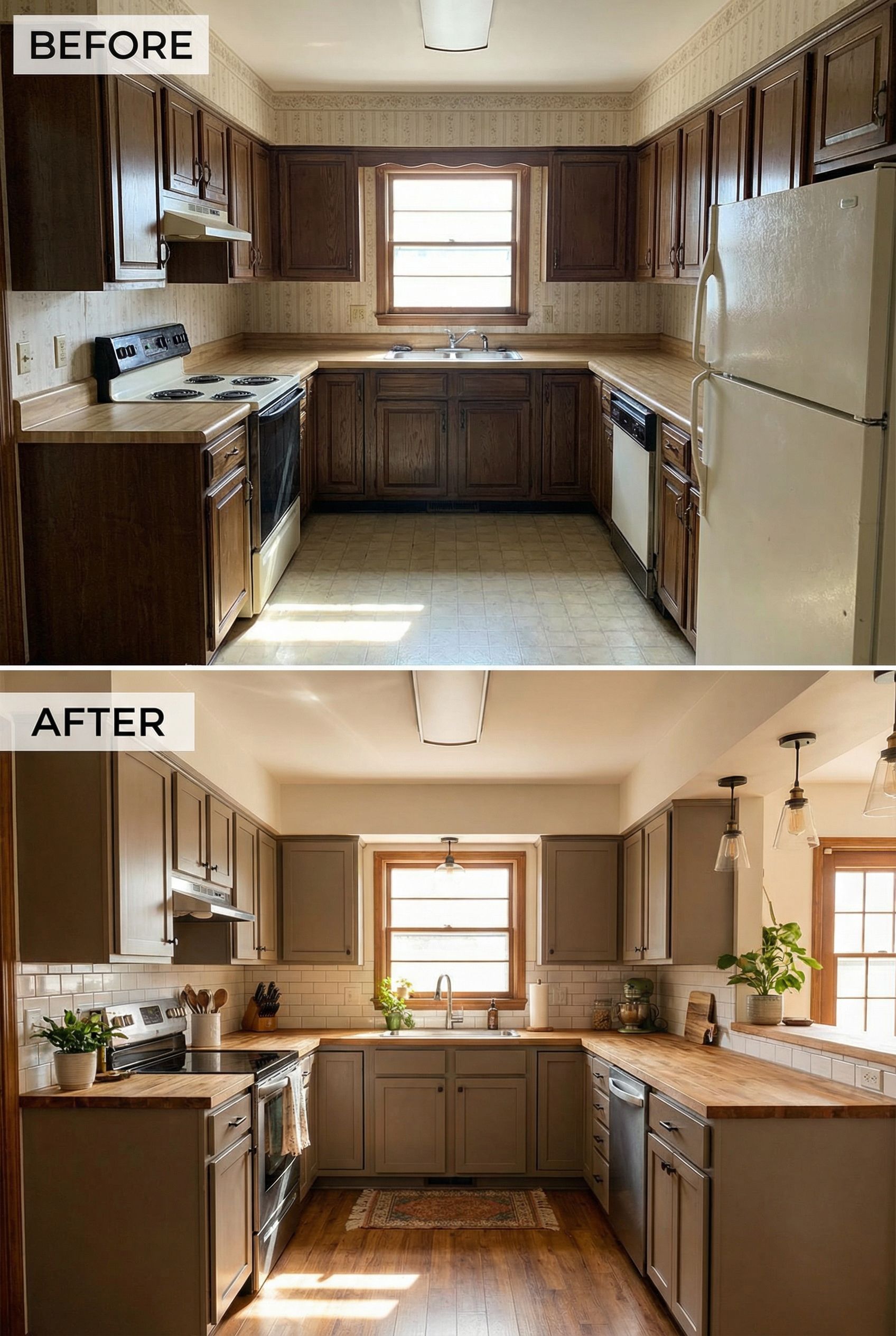 From dated kitchen to warm-hearted hub with butcher block and brass accents