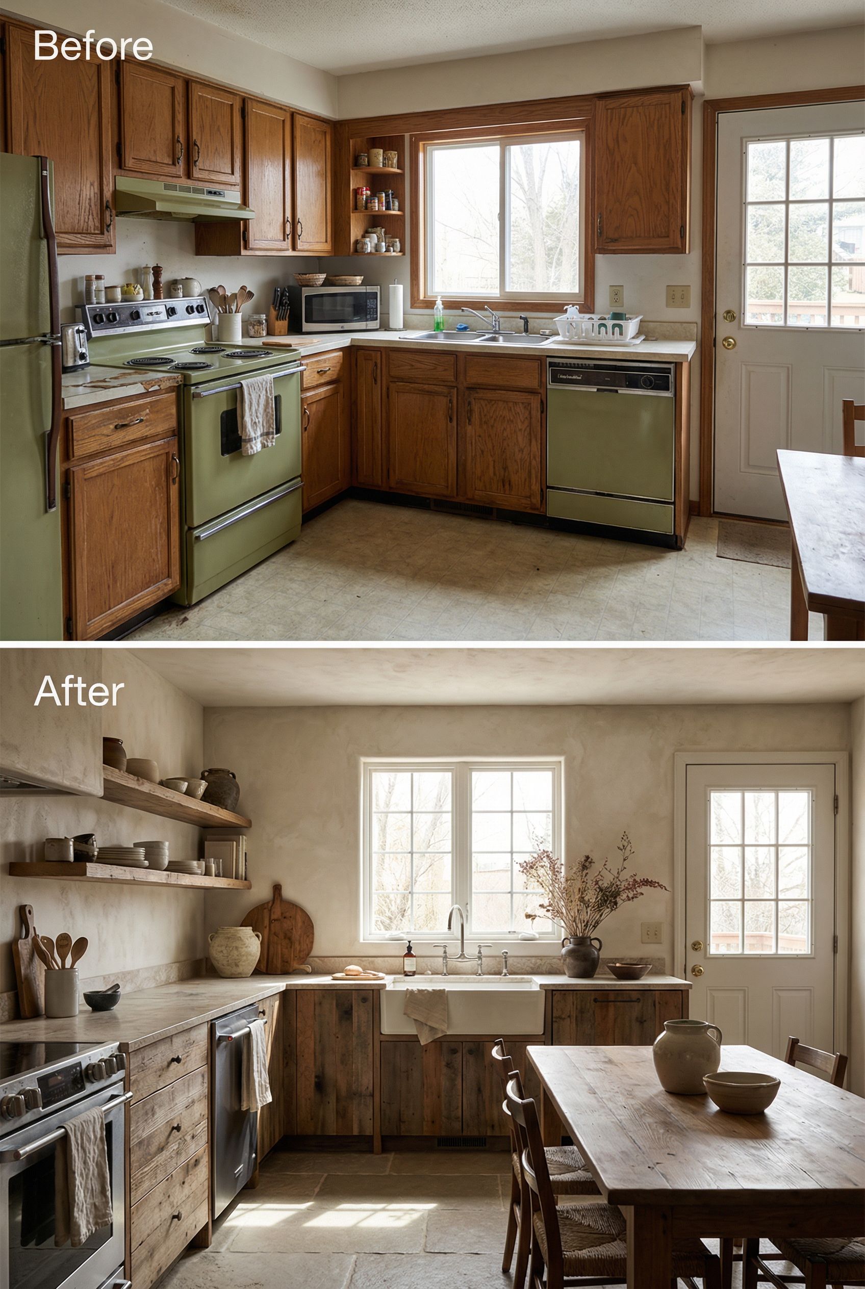 From dated kitchen to warm minimalist Wabi-Sabi design with natural wood