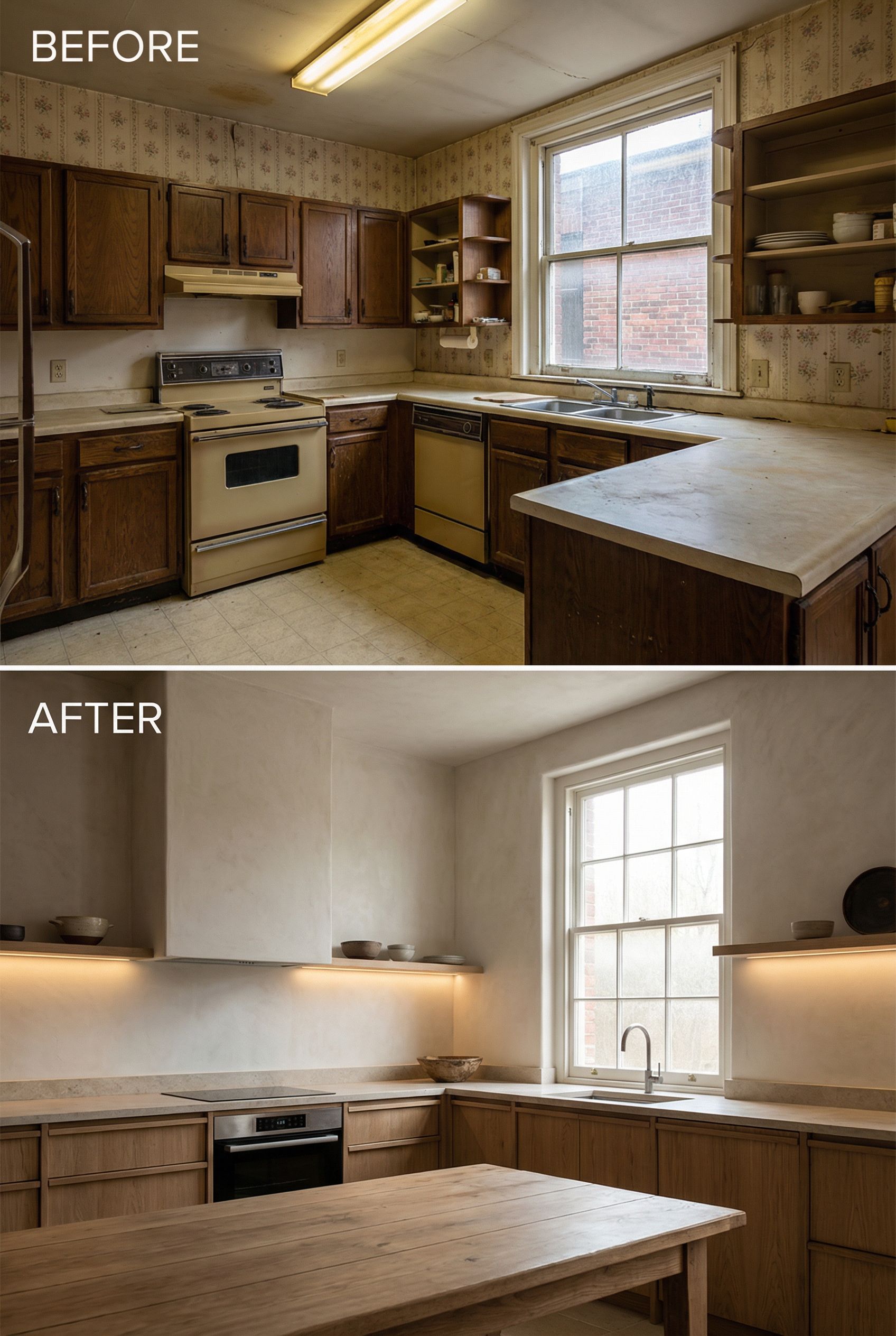 From dated kitchen to warm Wabi-Sabi kitchen with stone counters and brass