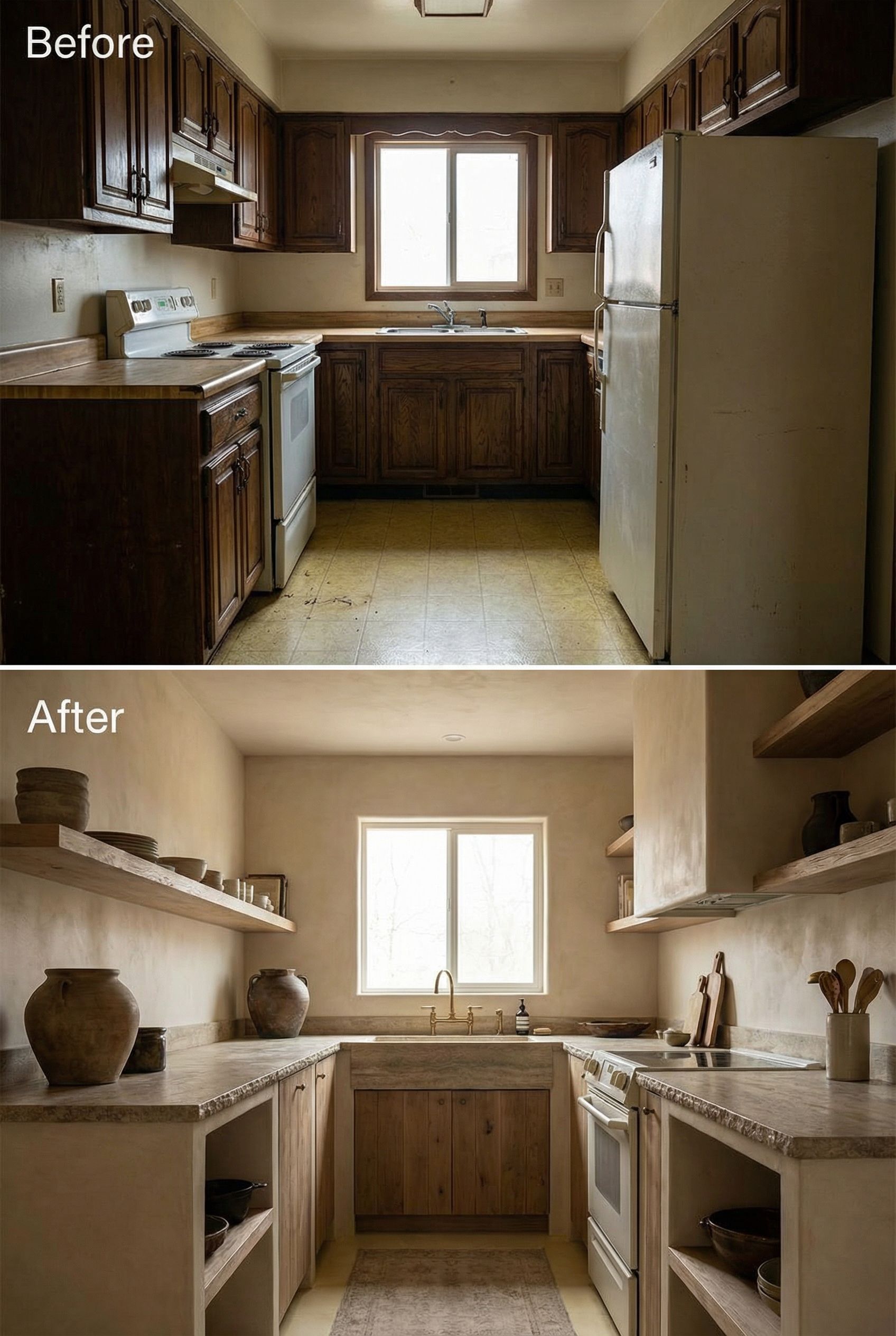 From dated kitchen to warm Wabi-Sabi sanctuary with soft lighting