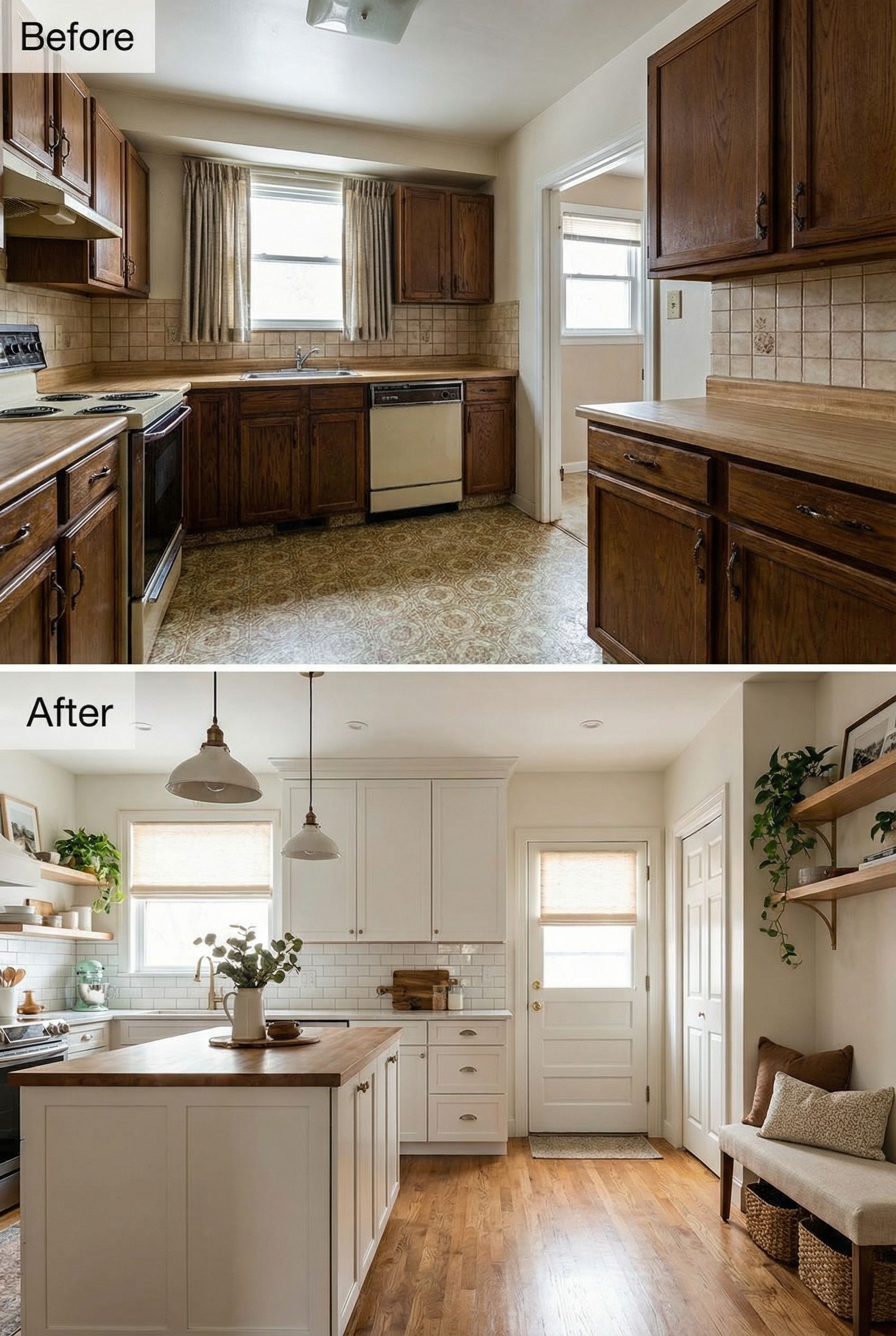 From outdated tile kitchen to smooth wood-accent cozy calm