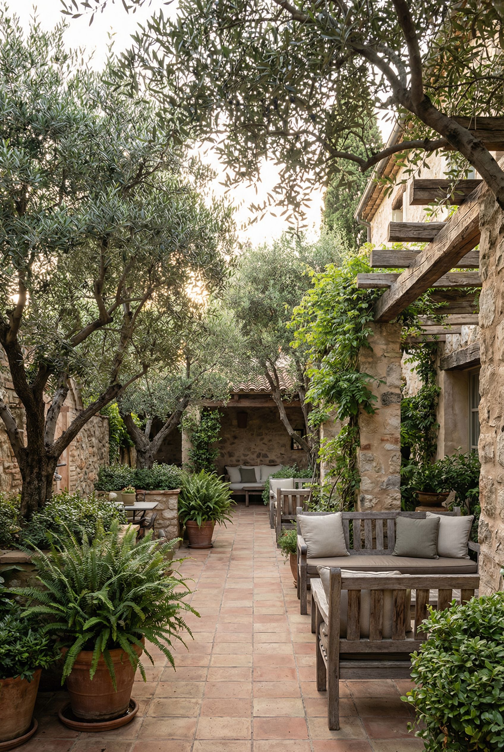 Full-surround courtyard oasis with layered trees, textured materials and intimate corners