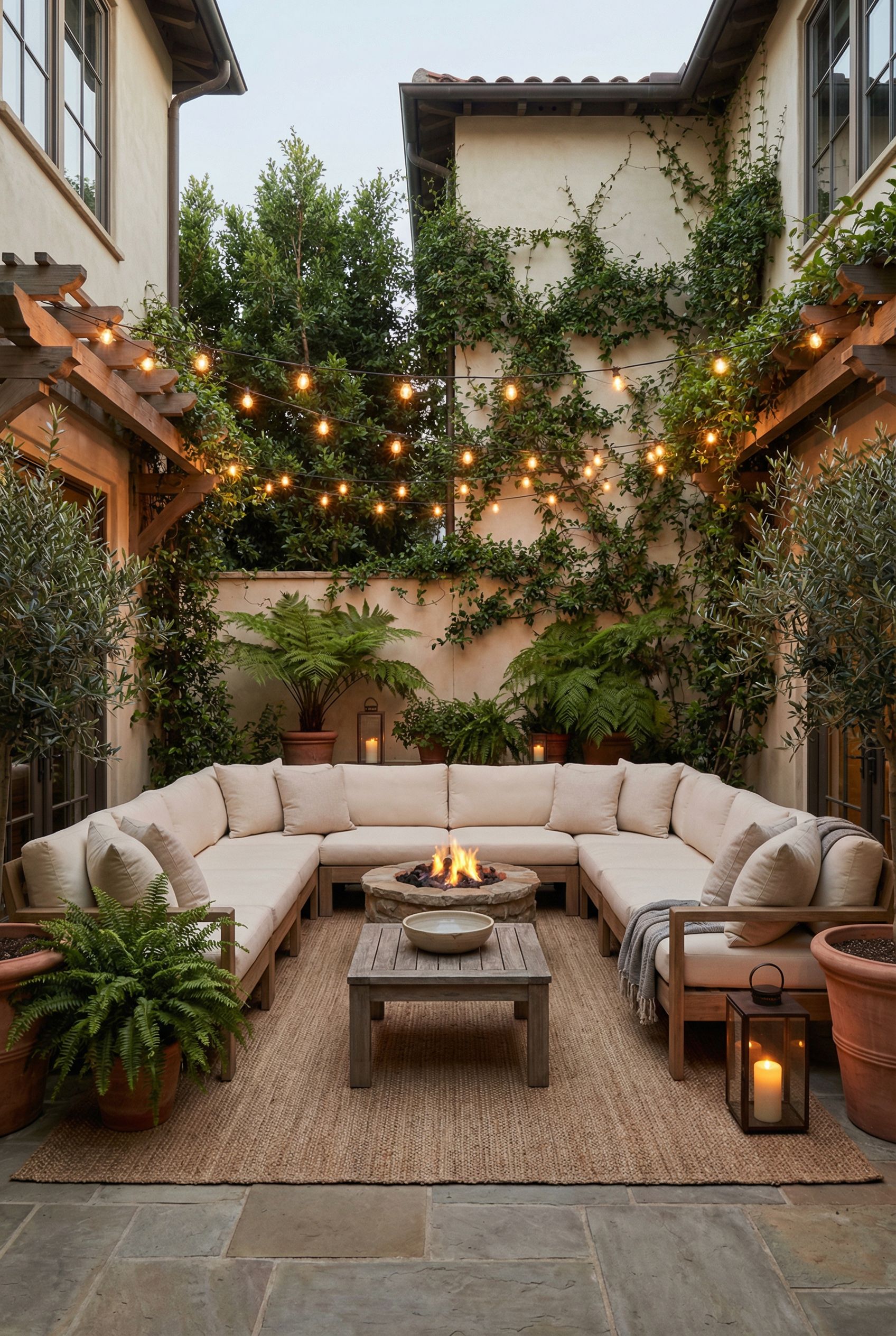 Full-surround courtyard transformed into a warm outdoor living room with layered greenery