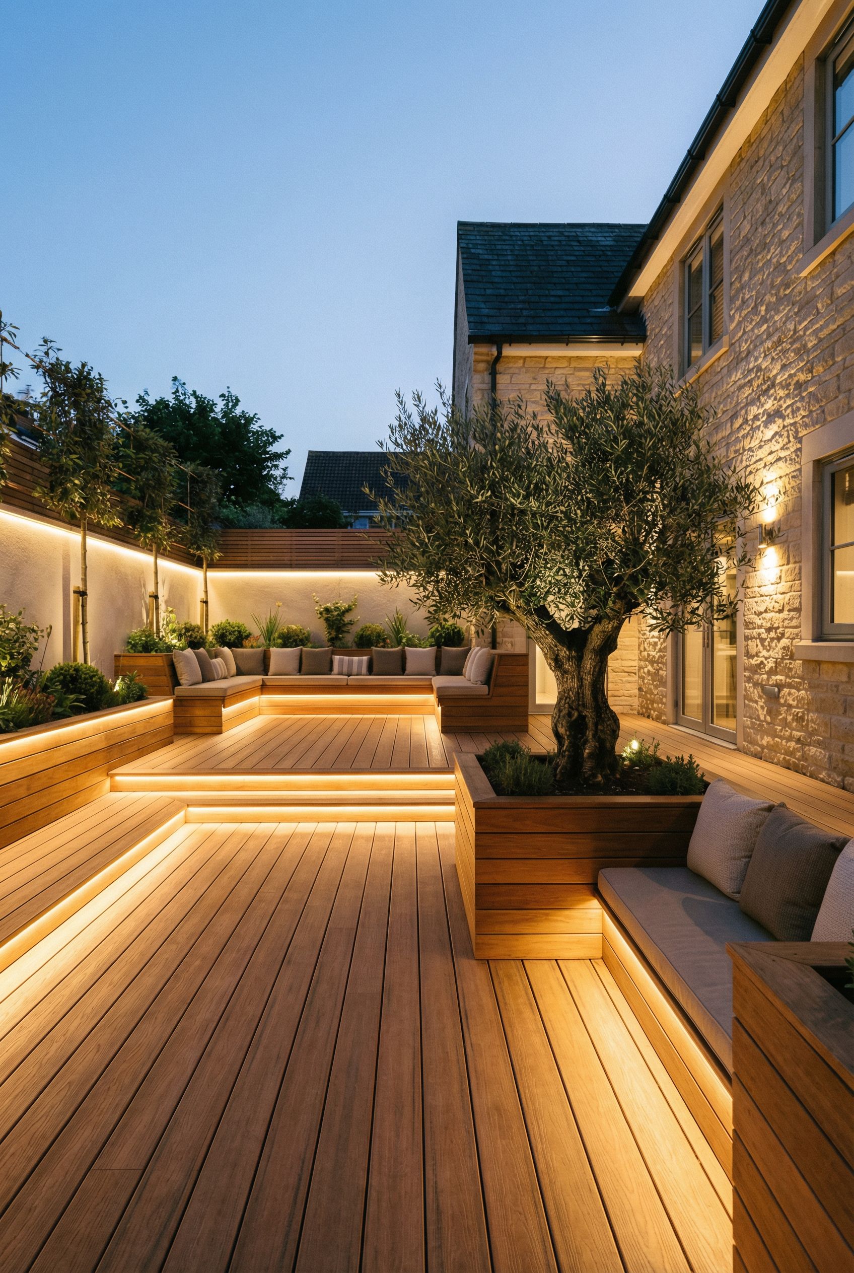 Full-surround courtyard with warm wood decks, built-in seating and soft perimeter lighting