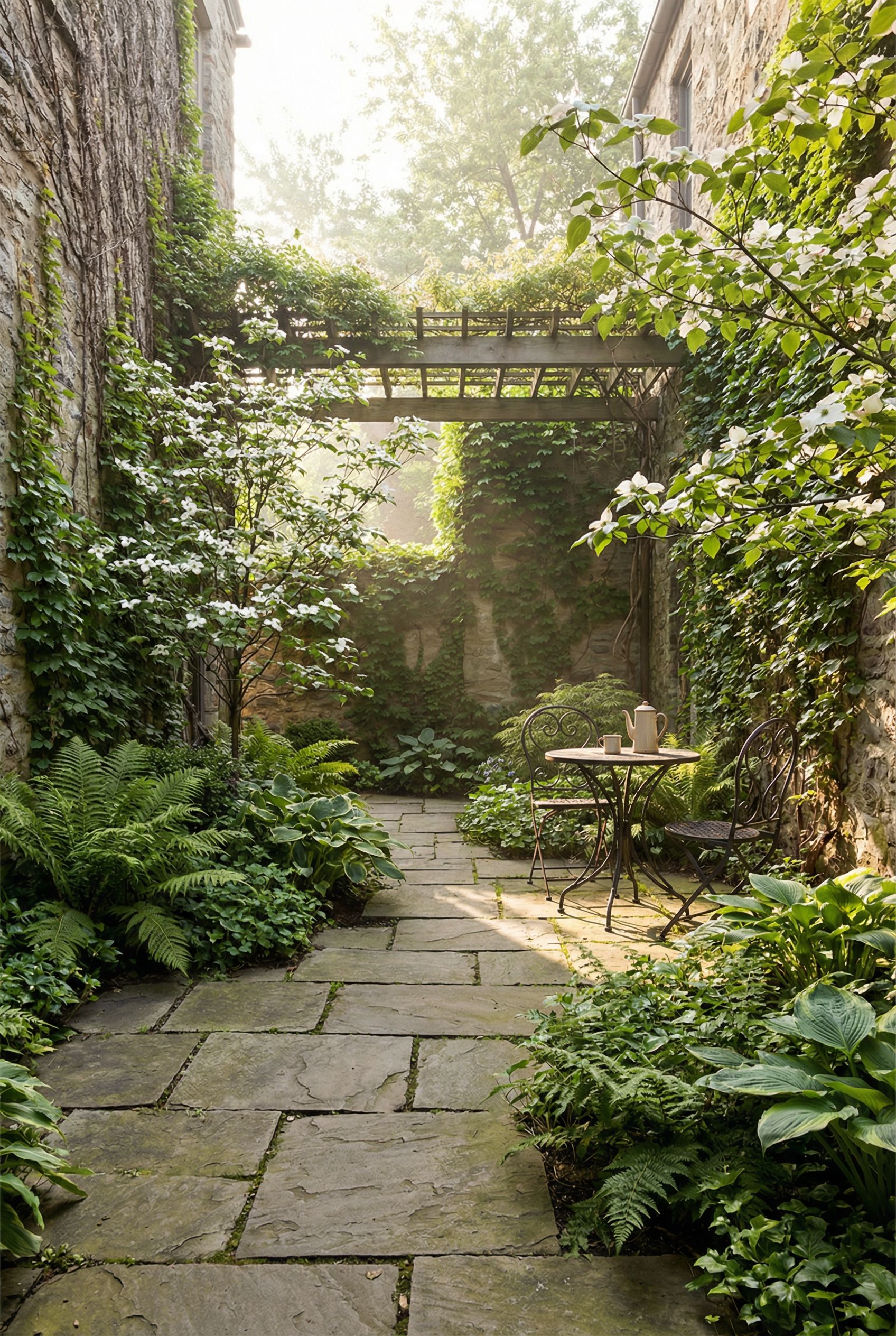 Fully enclosed courtyard featuring stone pavers, lush plants and a quiet morning nook
